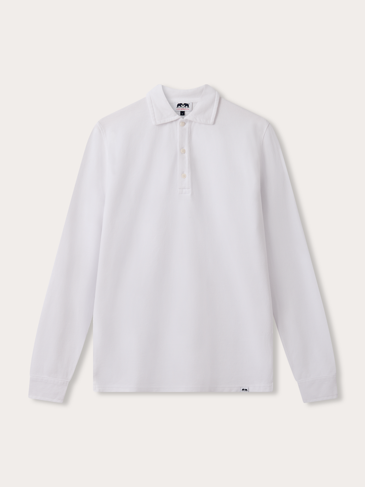 White long-sleeve polo shirt on a light grey background