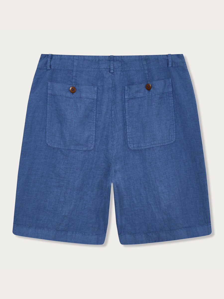 Men's Deep Blue Burrow Linen Shorts with Corozo Nut Buttons - Back View.