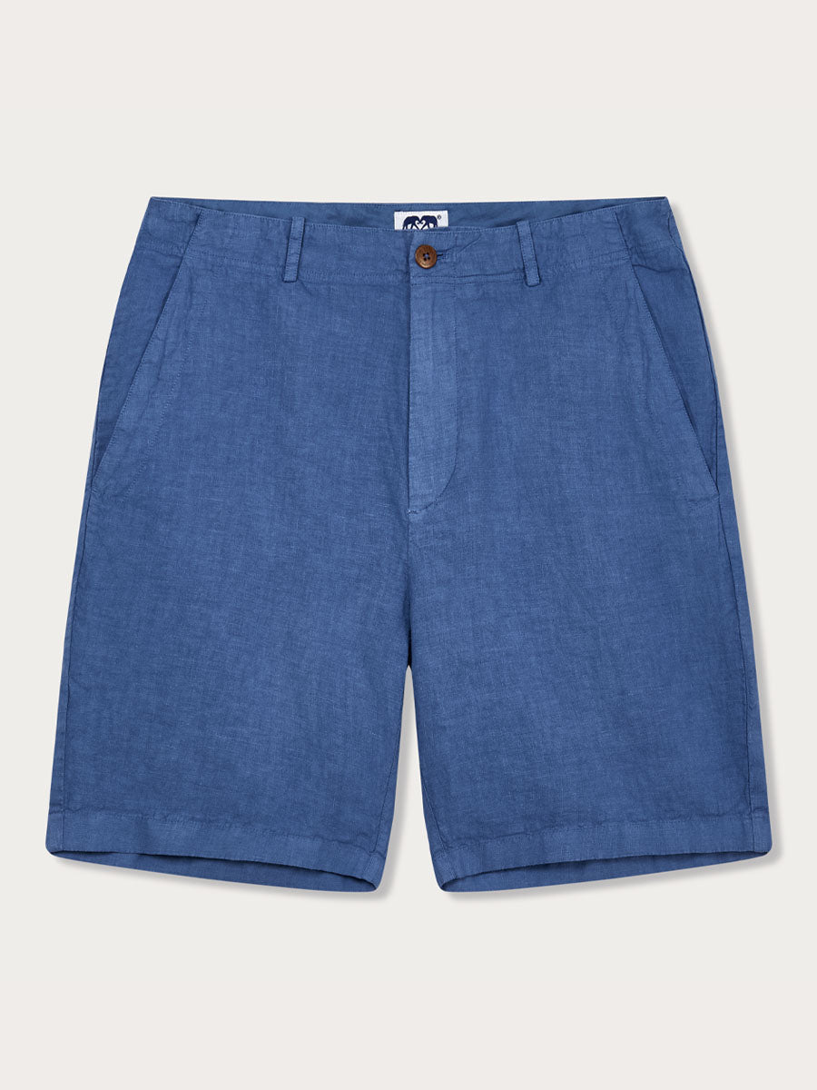 Men's Deep Blue Burrow Linen Shorts with Corozo Nut Buttons.