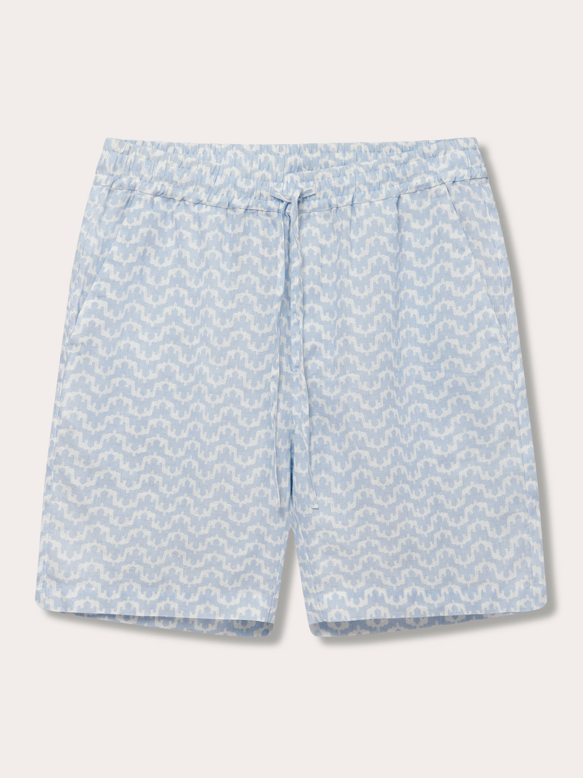Men's Elephant Palace Sky Joulter Linen Shorts crafted from lightweight linen featuring a unique sky blue elephant and palace print design.
