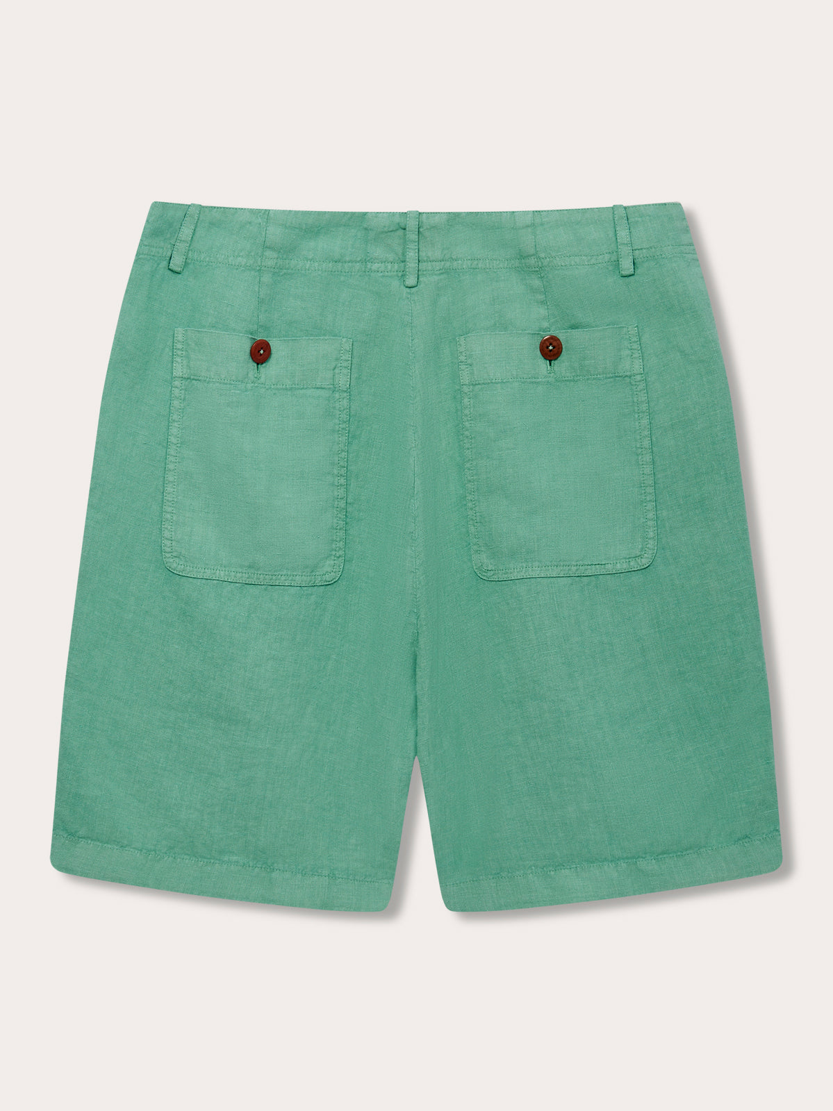 Men's Riviera Green Burrow Linen Shorts, back view showing pockets and belt loops.