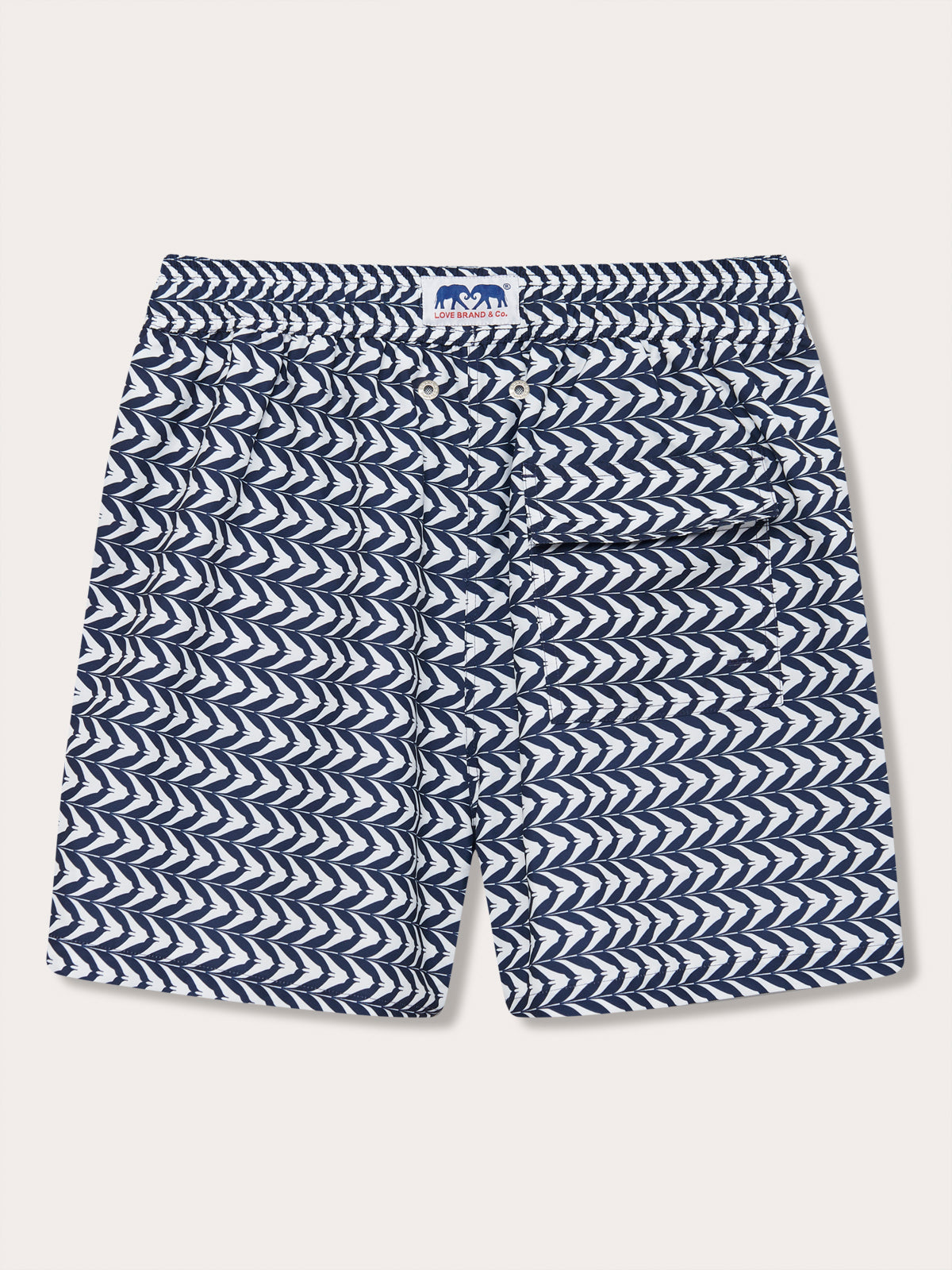 Men's Feather Icing Staniel Swim Shorts in blue and white zigzag pattern, made from 100% recycled quick-drying fabric.