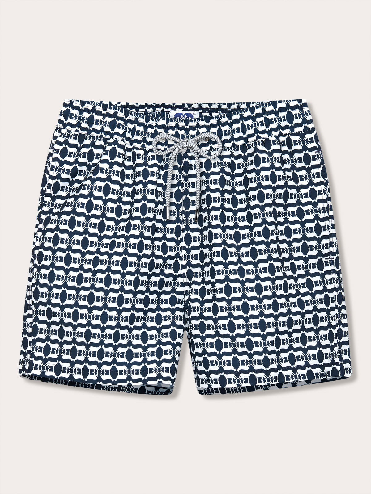 Men's navy blue and white swim shorts with a geometric pattern inspired by the Florida Panther, featuring an elastic waistband and drawstring.