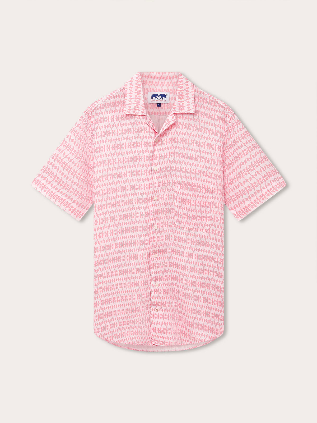 Men's Camel Mirage Pink Arawak Linen Shirt with short sleeves, featuring a unique desert mirage pattern in shades of pink. Men's linen shirt highlighting UAE's commitment to environmental conservation and climate change awareness.