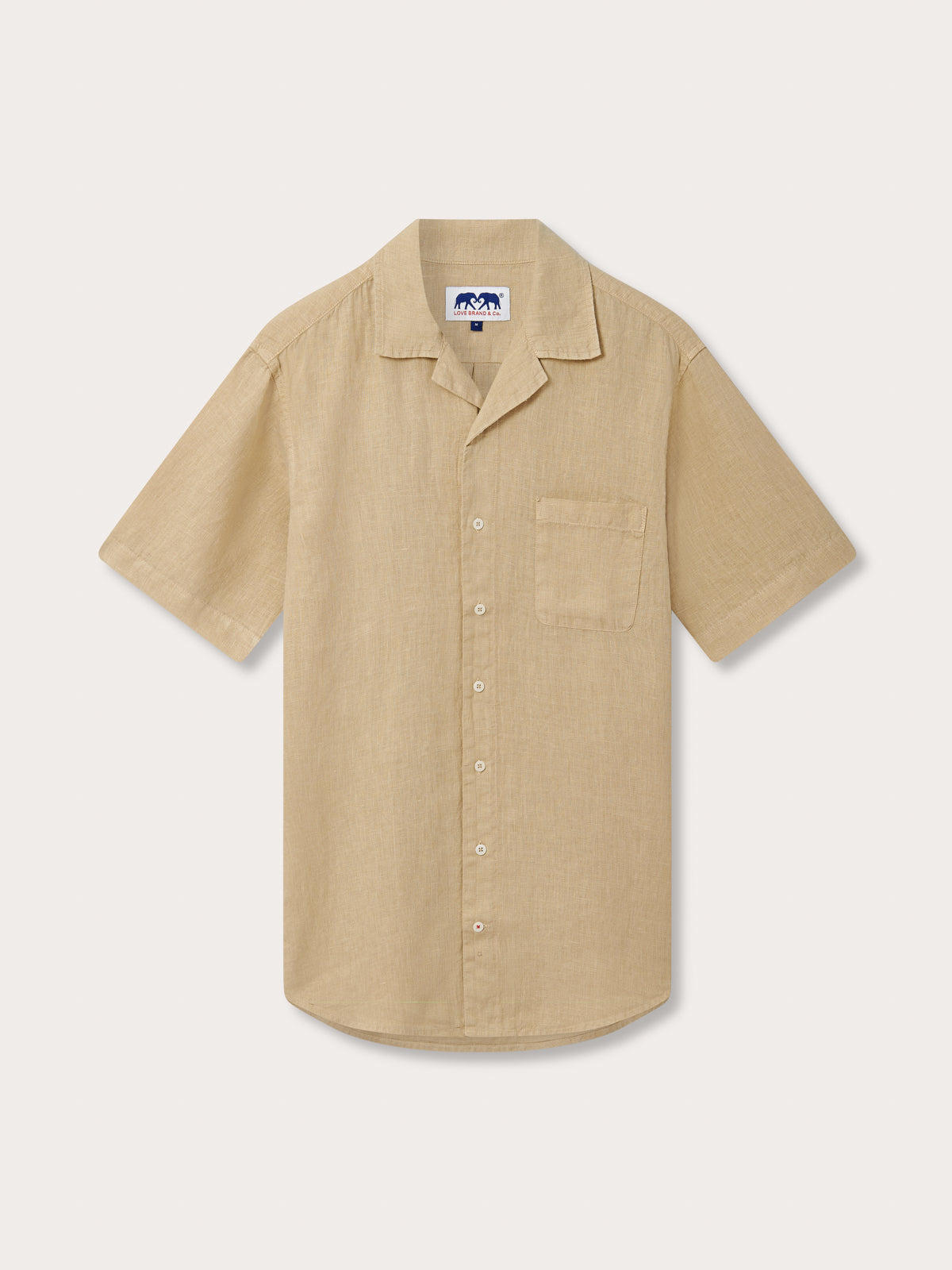 Front view of Men's Coconut Arawak Linen Shirt. Short-sleeved linen button-up shirt.