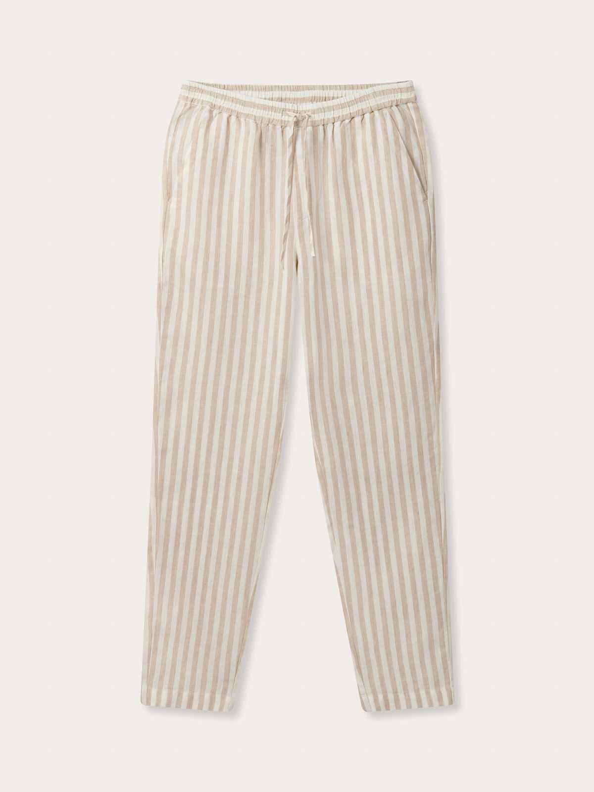 Front view of Men's Coconut Stripe Eleuthera Linen Trousers. Linen trousers men with brown and white striped pattern.