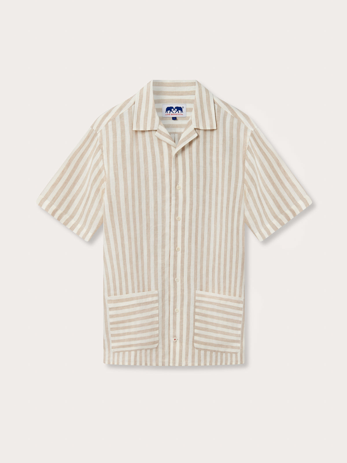 Front view of Men’s Coconut Stripe Goat Linen Resort Shirt. Brown and white striped resort shirt with short sleeves.