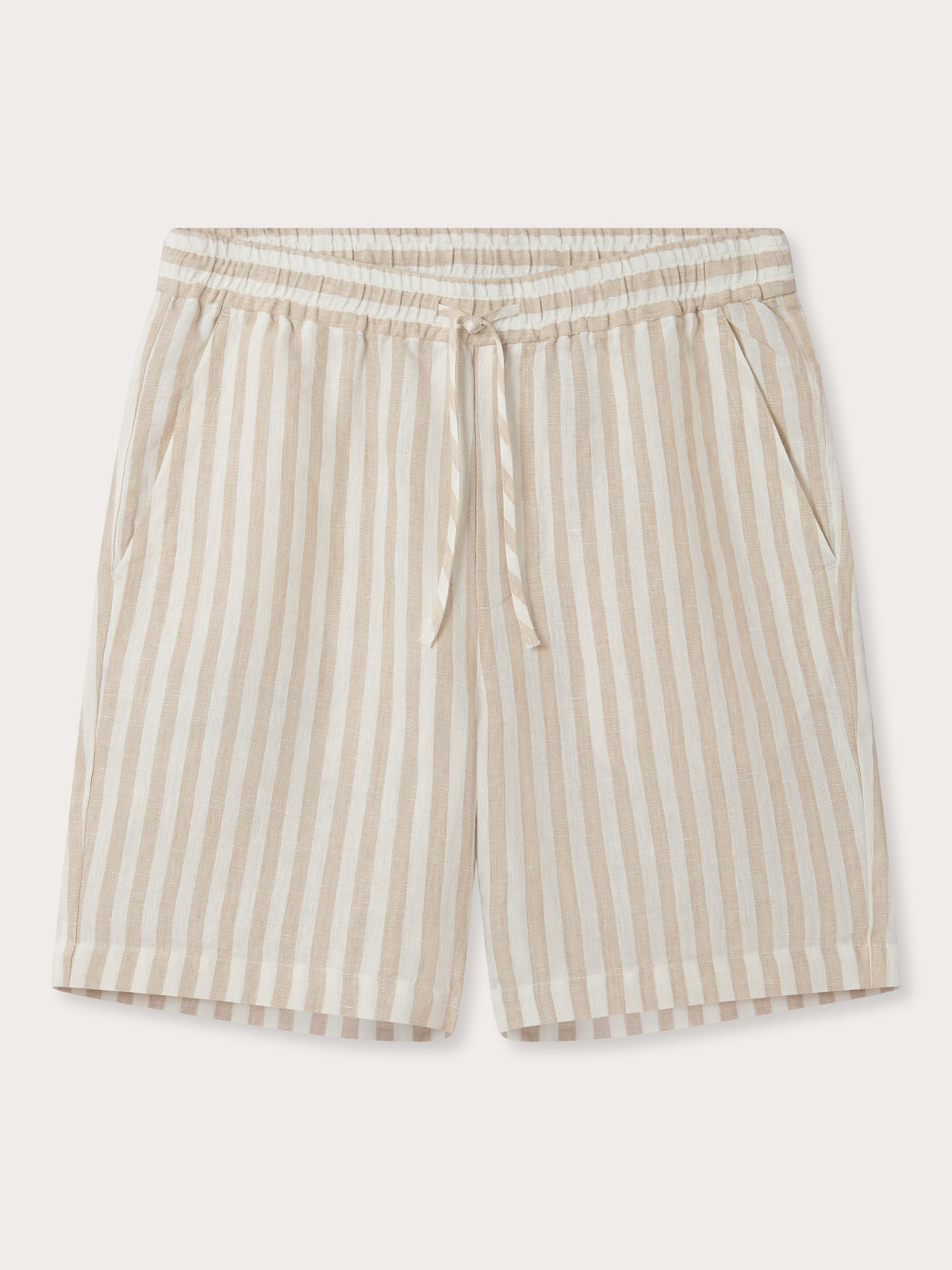Front view of Men's Coconut Stripe Joulter Linen Shorts. Beach shorts for men in brown and white stripes.