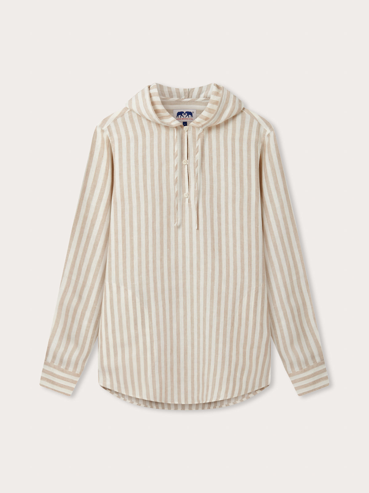 Front view of Men's Coconut Stripe Windermere Linen Long Sleeve Hoodie. Long-sleeved pattern hooded shirt.