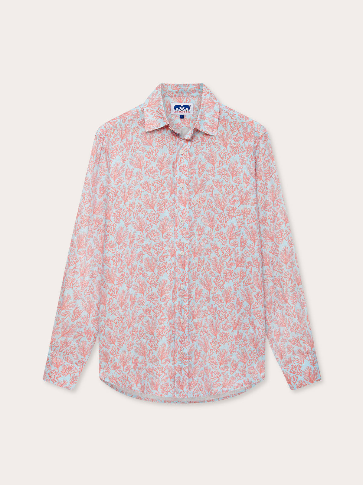 Front view of our Men's Crazy Coral Abaco Linen Shirt. Blue and coral long--sleeved button up mens linen shirt.