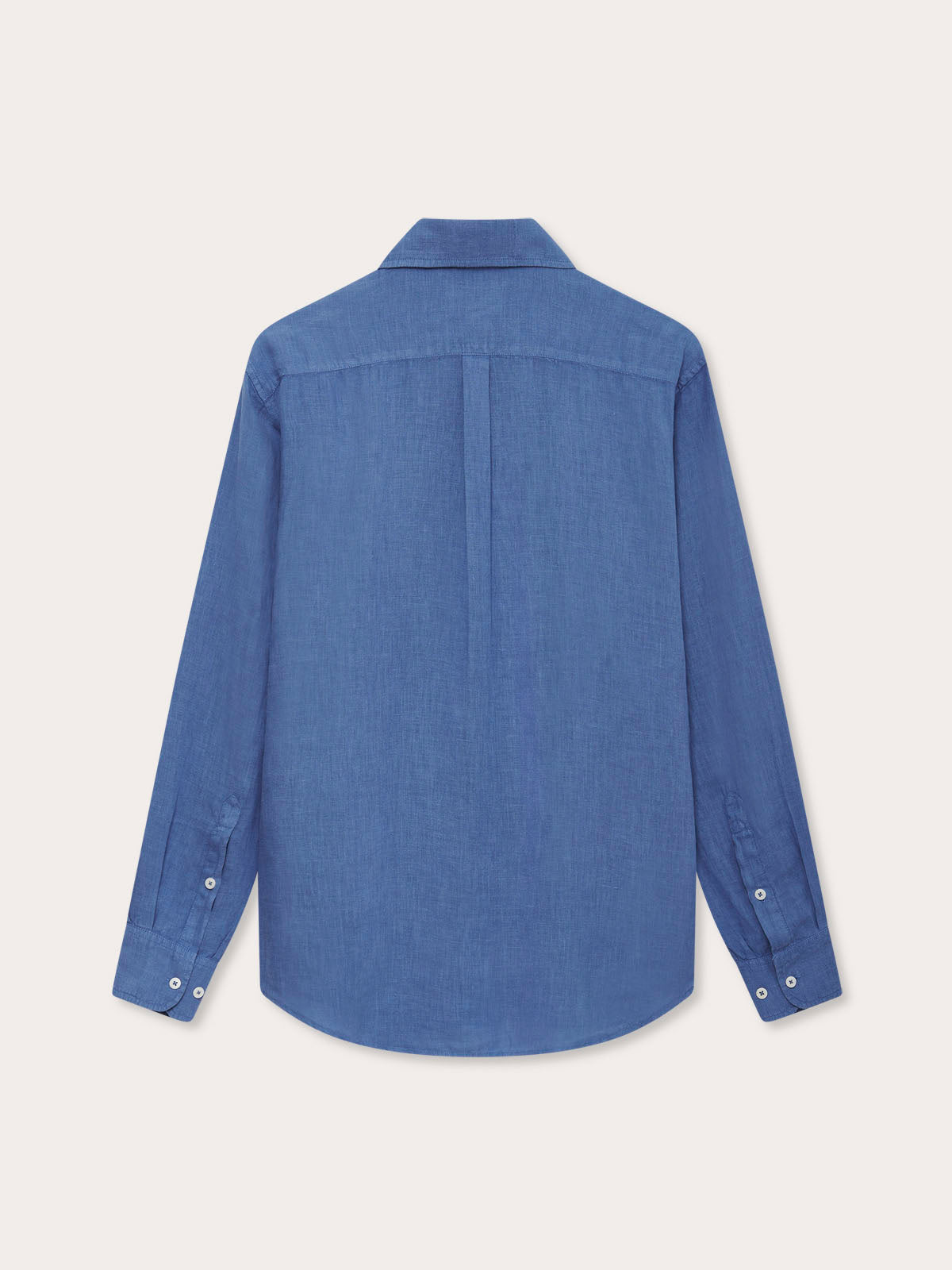 Men's Deep Blue Hoffman Linen Shirt, back view, lightweight, long sleeves, buttoned cuffs. Old money shirts made from 100% linen.