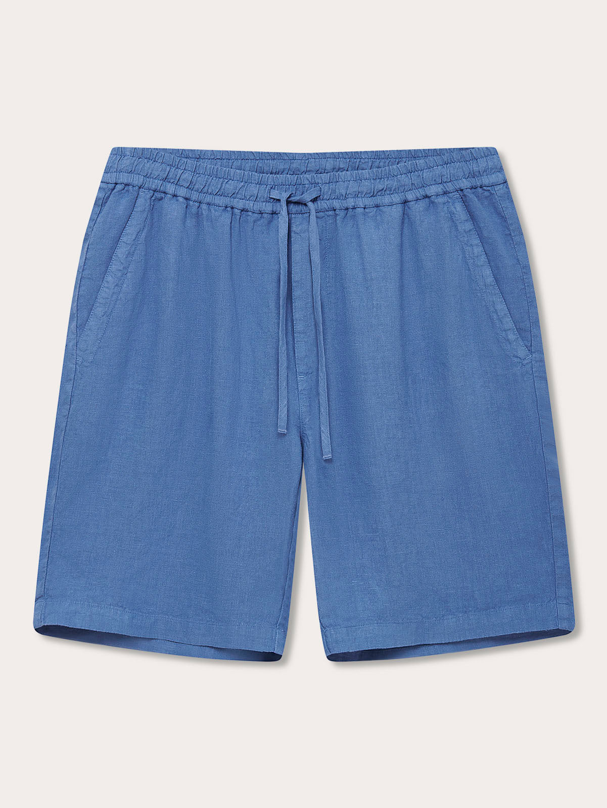 Front view of Men's Deep Blue Joulter Linen Shorts. Blue linen shorts with a drawstring waist and 2 front pockets.