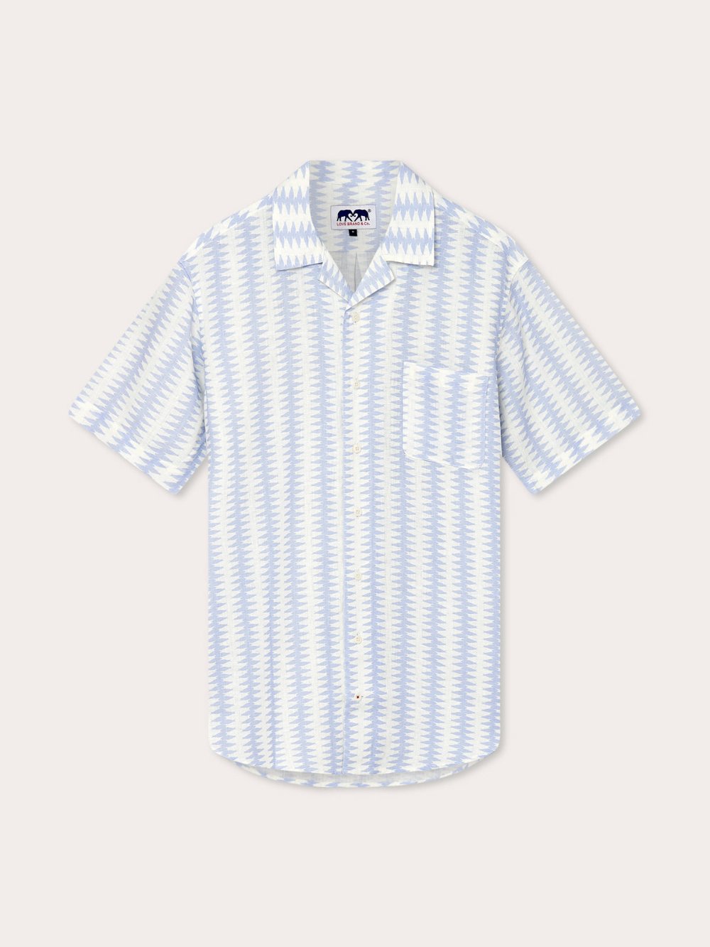 Men's Dishy Fishy Arawak Linen Shirt in blue and white fish school print, short-sleeved, made from 100% breathable linen, ideal for hot weather.