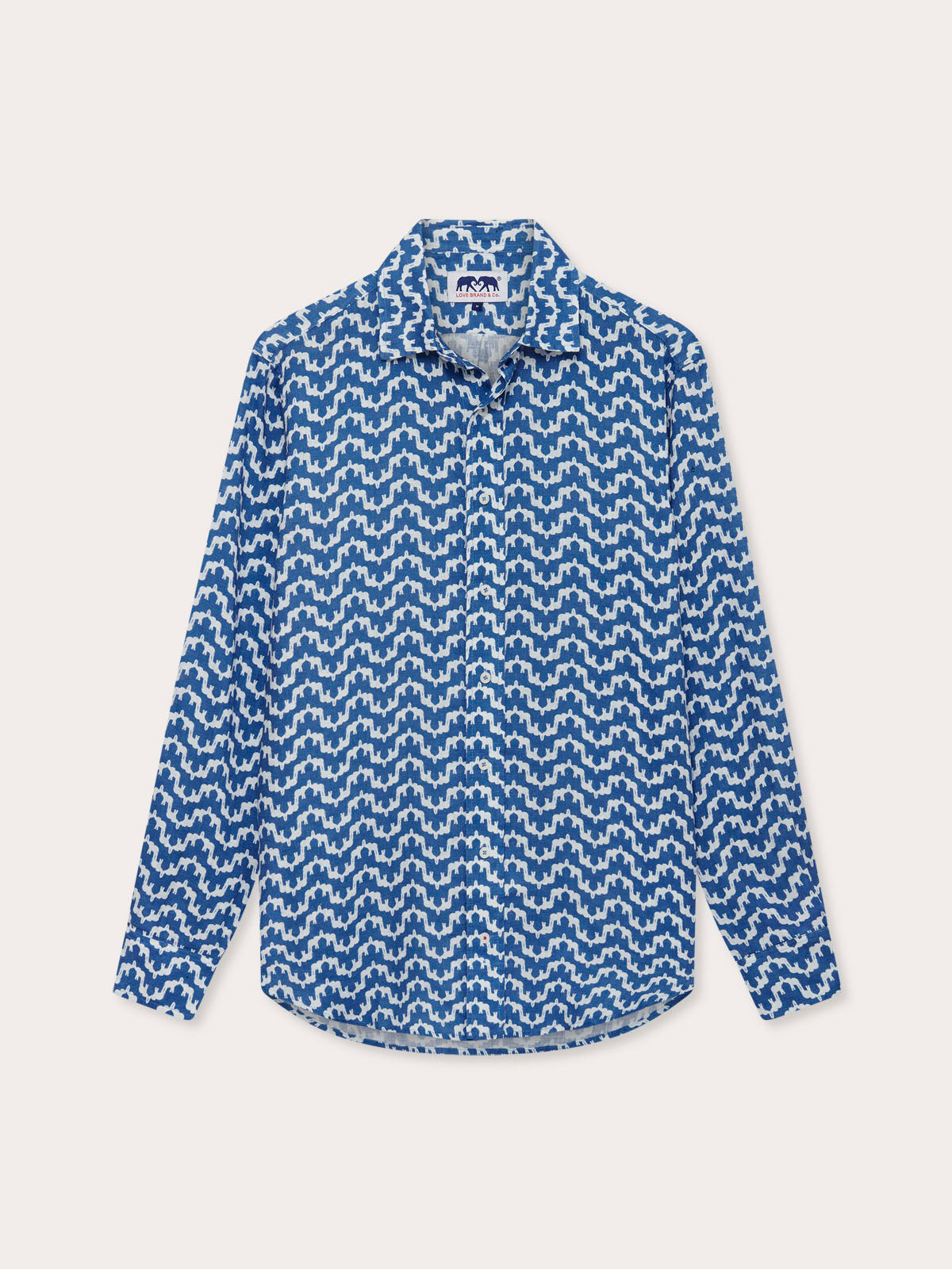 Mens Elephant Dance Blue Abaco Linen Shirt. Front view of our bestselling mens linen shirt. Button-up, long sleeved blue linen shirt.