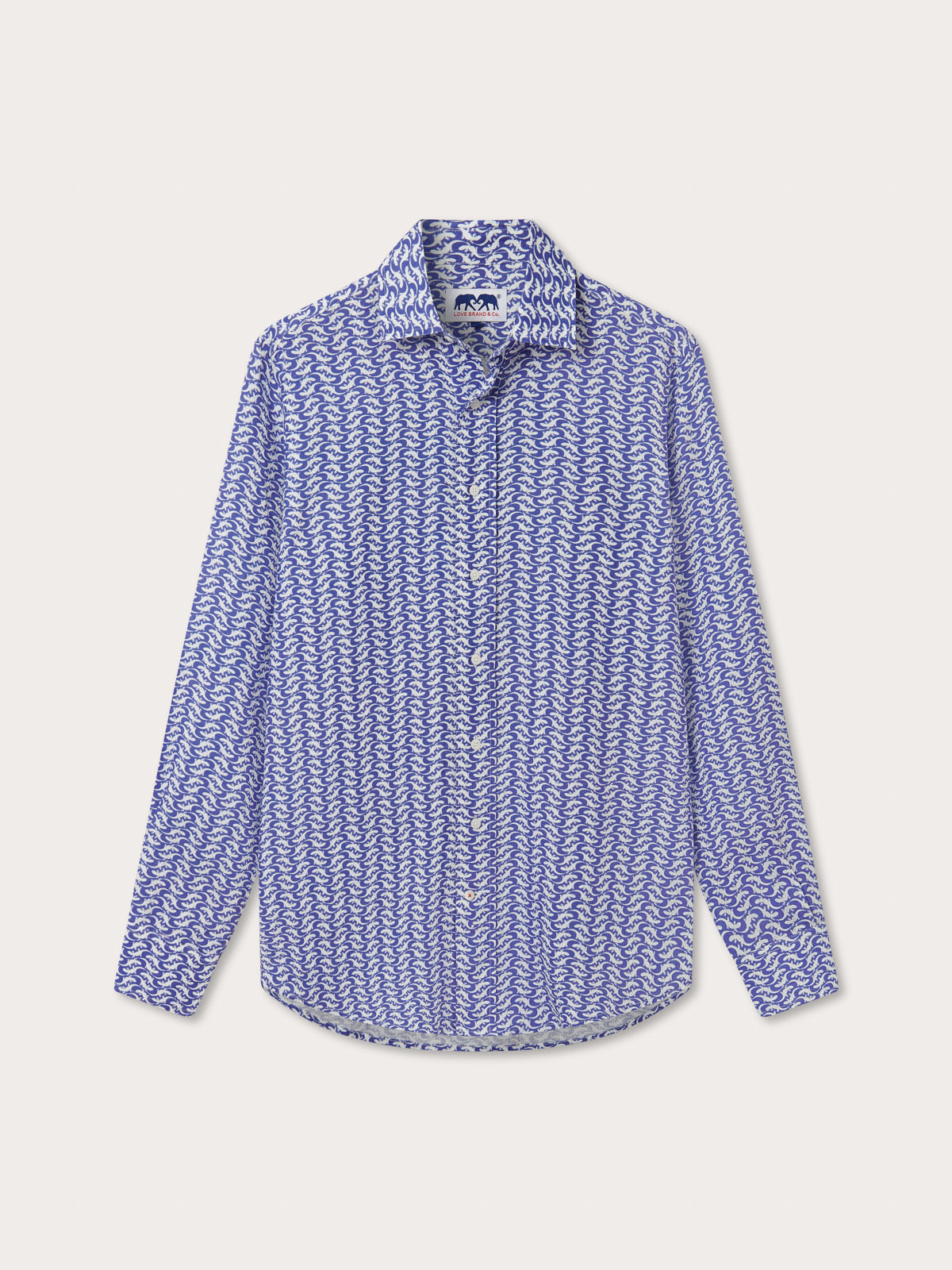 Front view of Men's Gecko Island Abaco Linen Shirt. White and blue linen button up shirt.