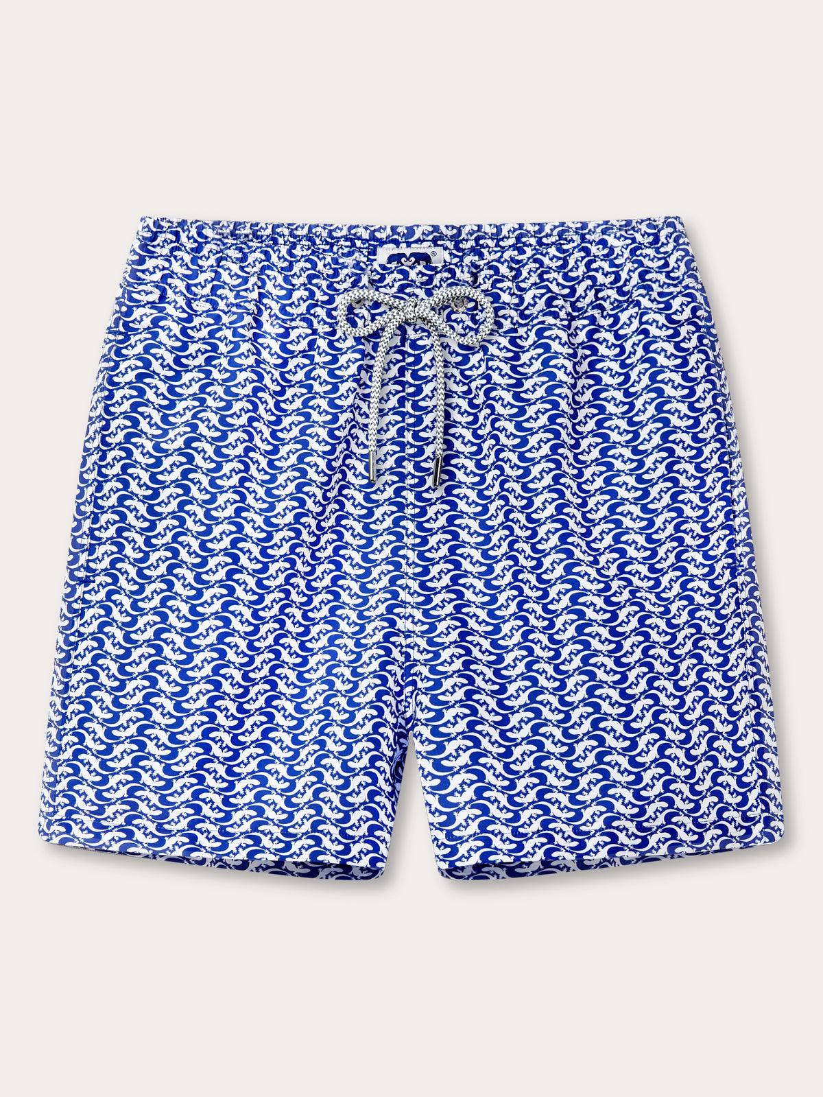 Men's Gecko Island Staniel Swim Shorts by Love Brand & Co. White and blue swimming shorts with a playful gecko pattern.
