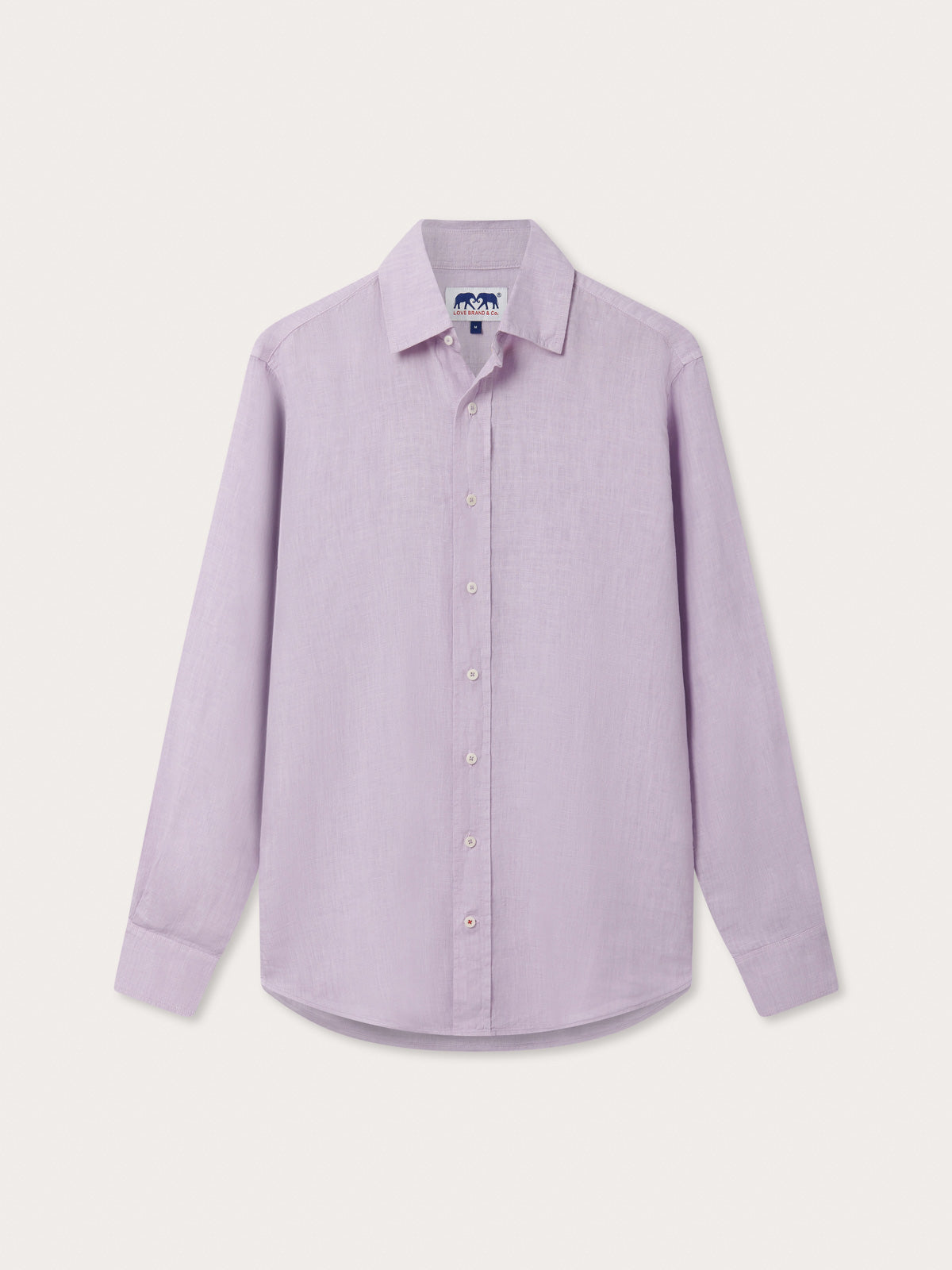 Front view of Men's Lilac Abaco Linen Shirt by love brand & co. Pastel purple long-sleeved, button-up 100% linen shirt.