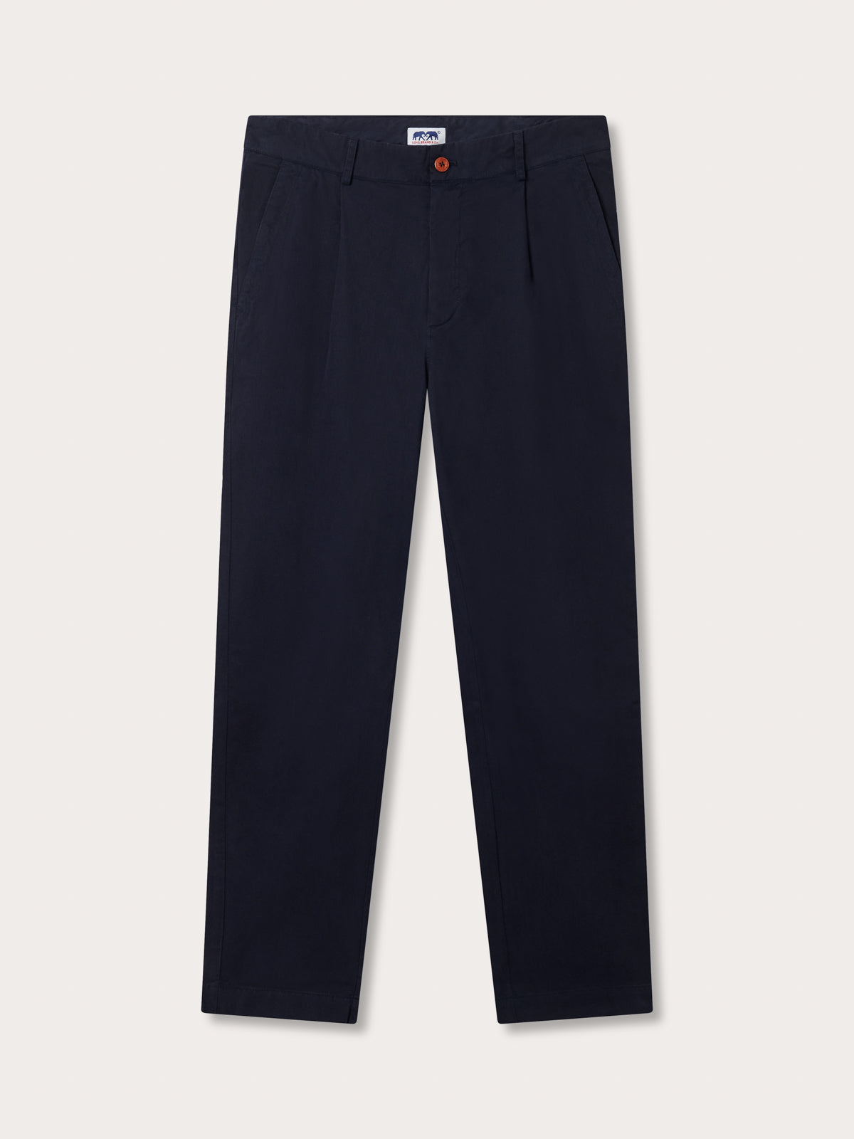 Front view of navy blue cotton chinos. Men's Navy Lyford Chino trousers showing 2 front slash pockets, waistband with belt loops and finished with a brown corozo nut button fastening.