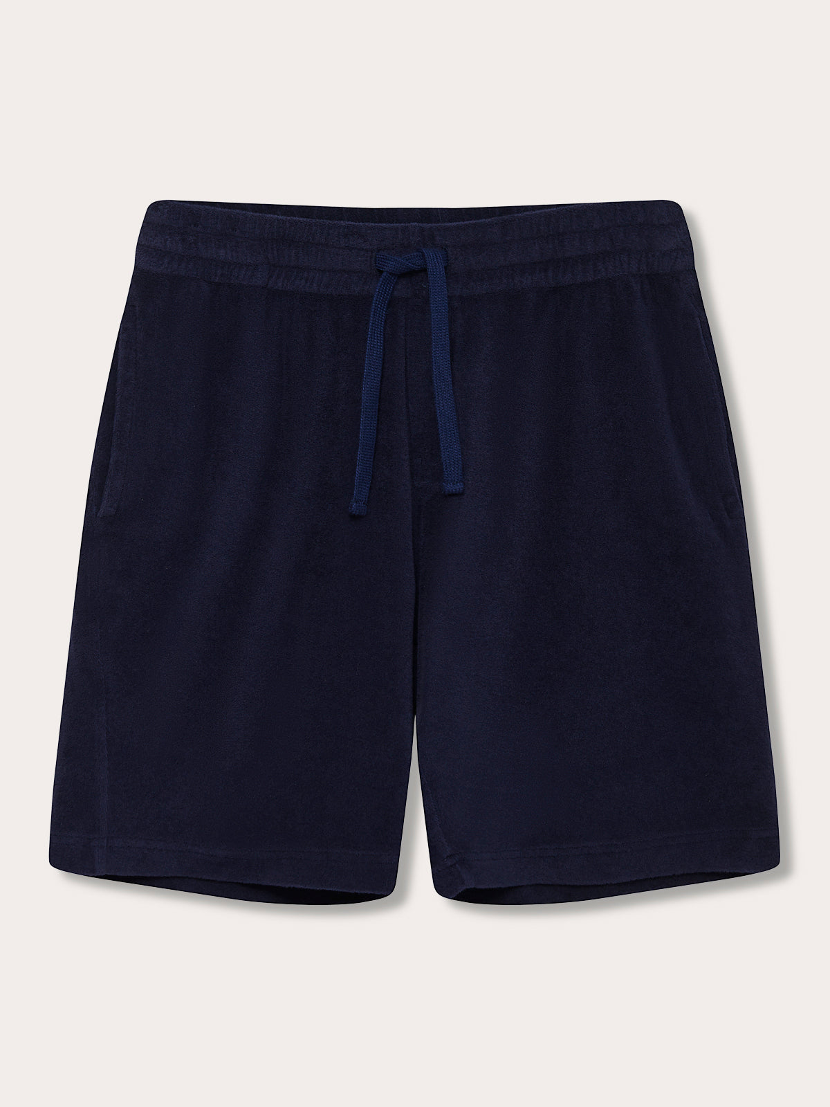 Front view of Men's Navy Blue Holmes Terry Shorts. 100% cotton shorts made from terry towelling material in Navy Blue.
