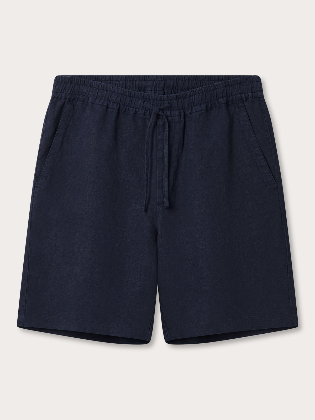Front view of Men's Navy Blue Joulter Linen Shorts. Blue linen shorts with 2 front pockets and drawstring waist.