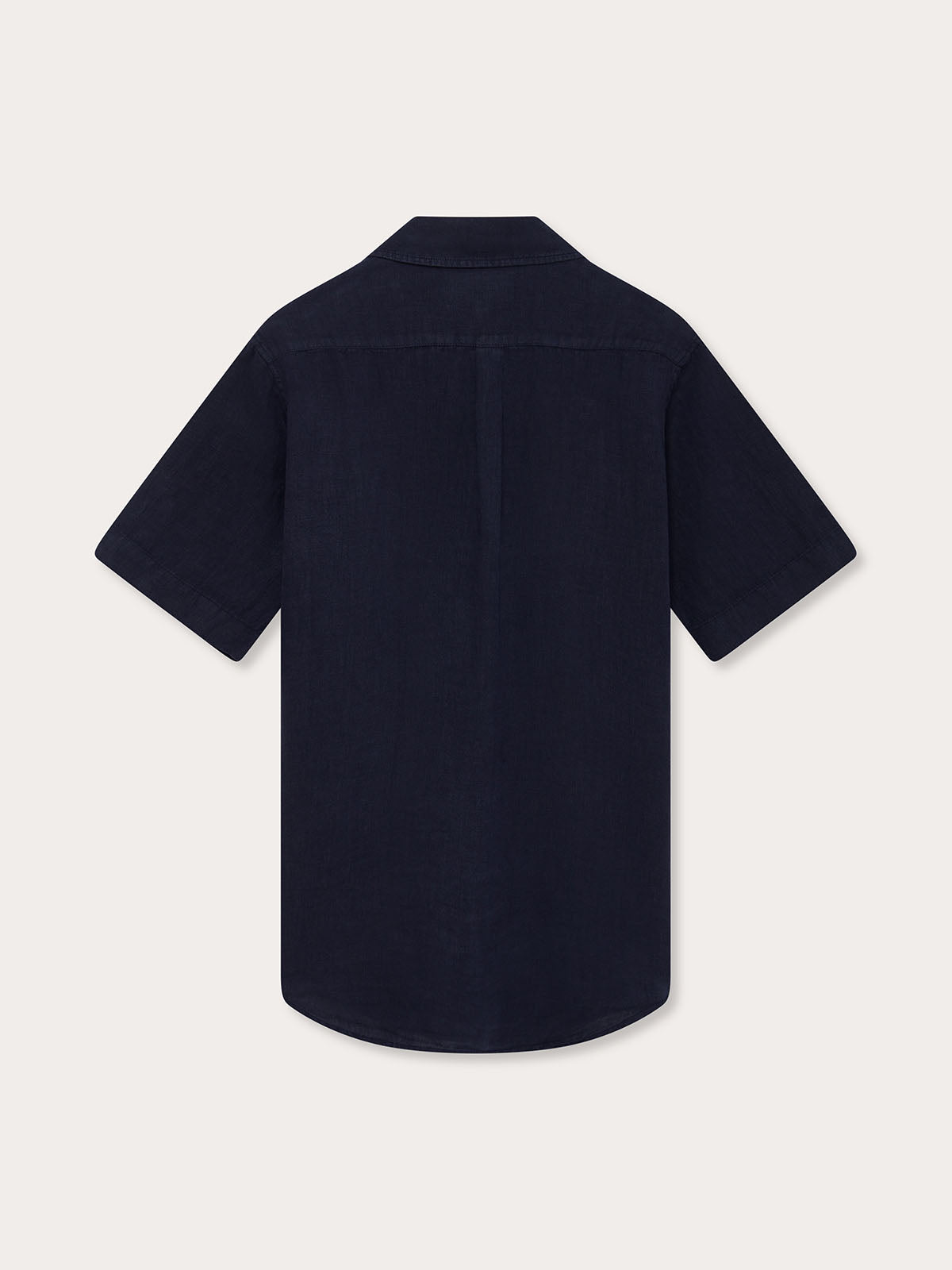 navy blue Manjack mens linen shirt, back view.