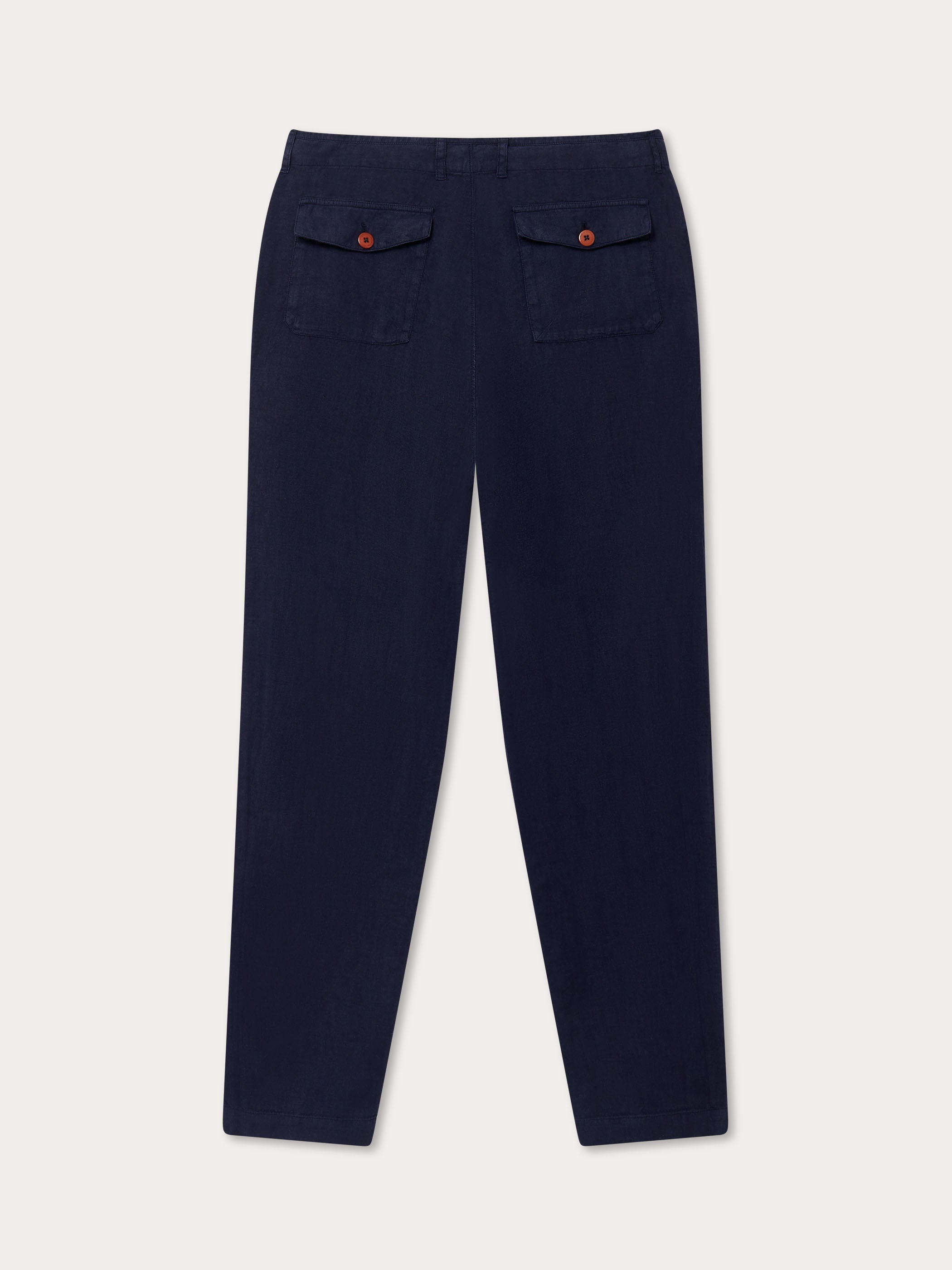 back view of love brand navy blue linen trousers. mens linen trousers with 2 back pockets.