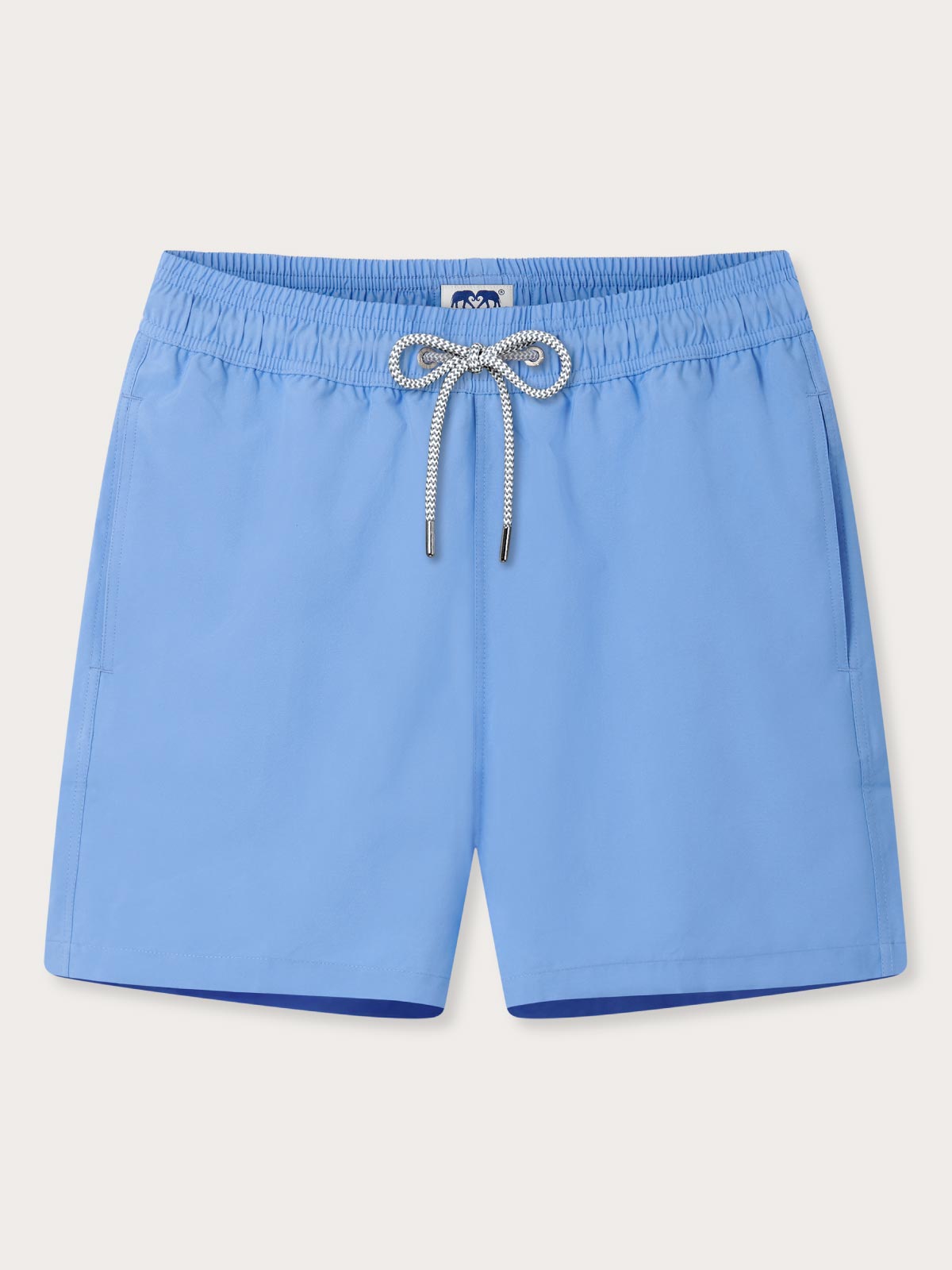 Front view of Men's Ocean Blue Staniel Swim Shorts. Blue swimming trunks by Love Brand & Co. with a drawstring waist and side pockets.