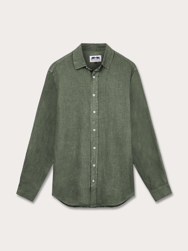 Men's Olive Green Abaco Linen Shirt with long sleeves and corozo nut buttons. Olive green linen shirts made of 100% natural linen.