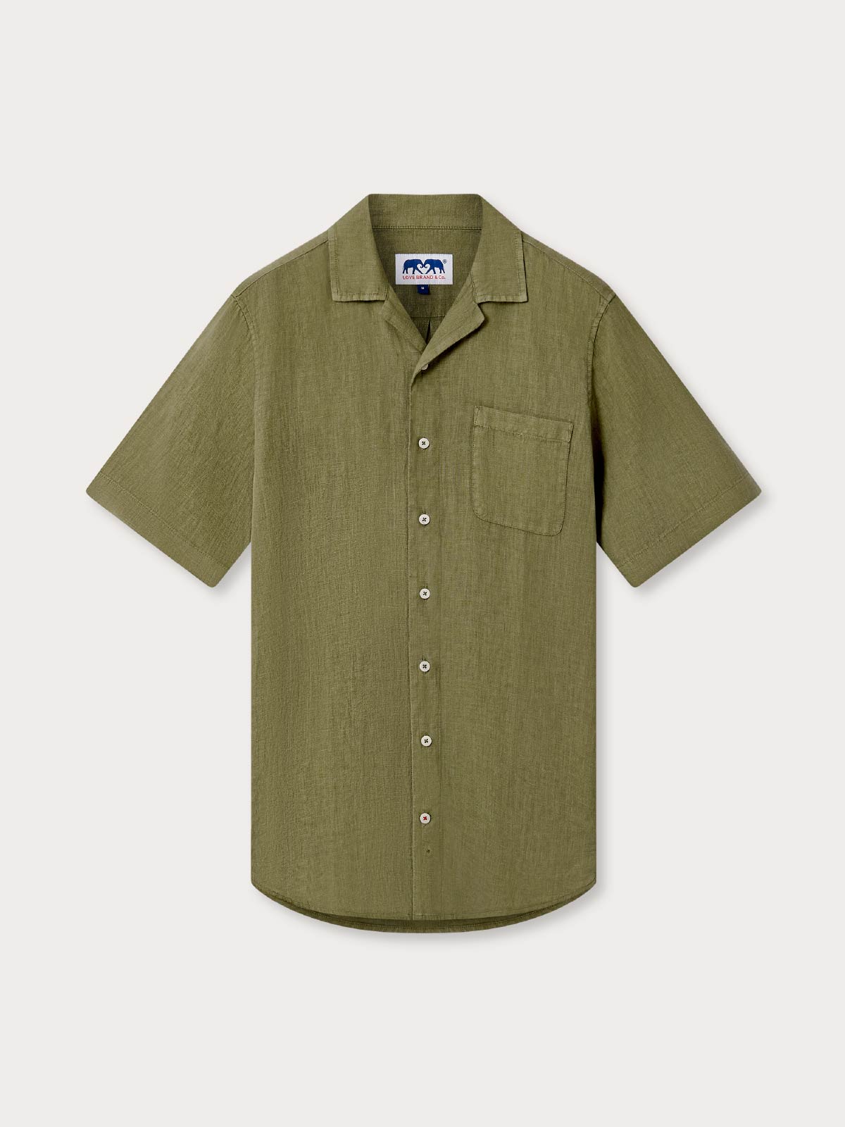 Front view of men's green linen shirt with short sleeves and a front pocket.