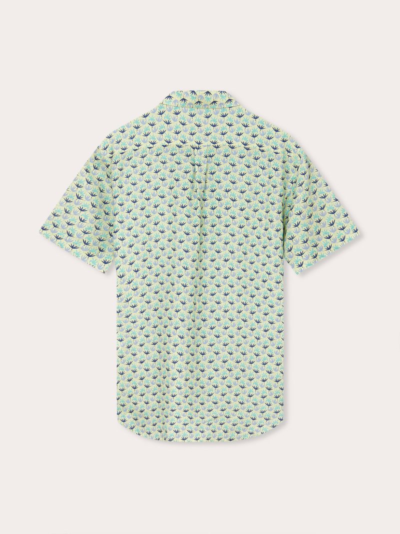 Men's Palm Sugar Arawak Linen Shirt with tropical fan palm print. Men's linen shirt in sky blue, aqua green, and deep blue on a limoncello yellow base.