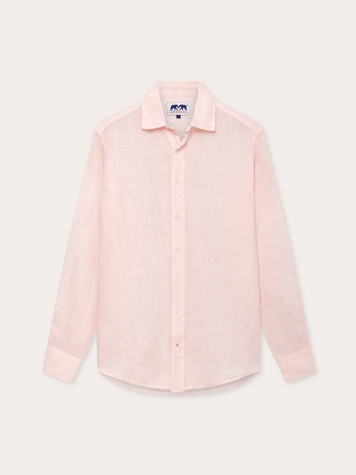 Men's Pastel Pink Abaco Linen Shirt front view. Long sleeve button-up pink mens linen shirt.