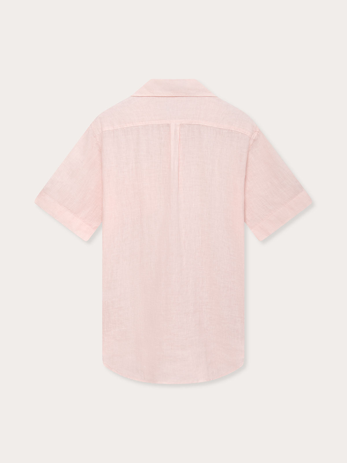 Men's pastel pink Manjack linen short-sleeved shirt, back view. Old money shirts for men.