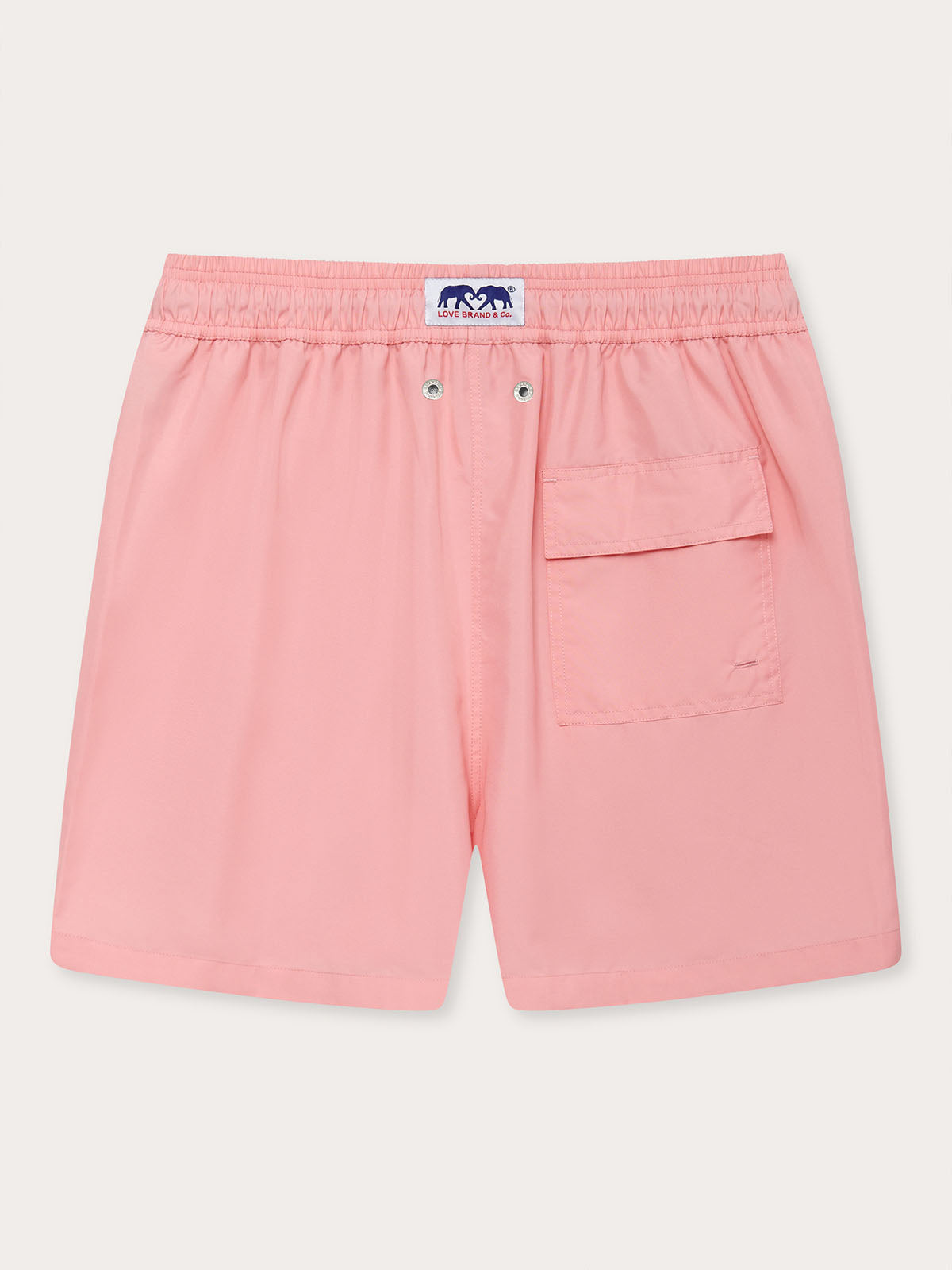 Men's Pastel Pink Staniel Swim Shorts back view. Plain pink swim shorts with a backpocket.