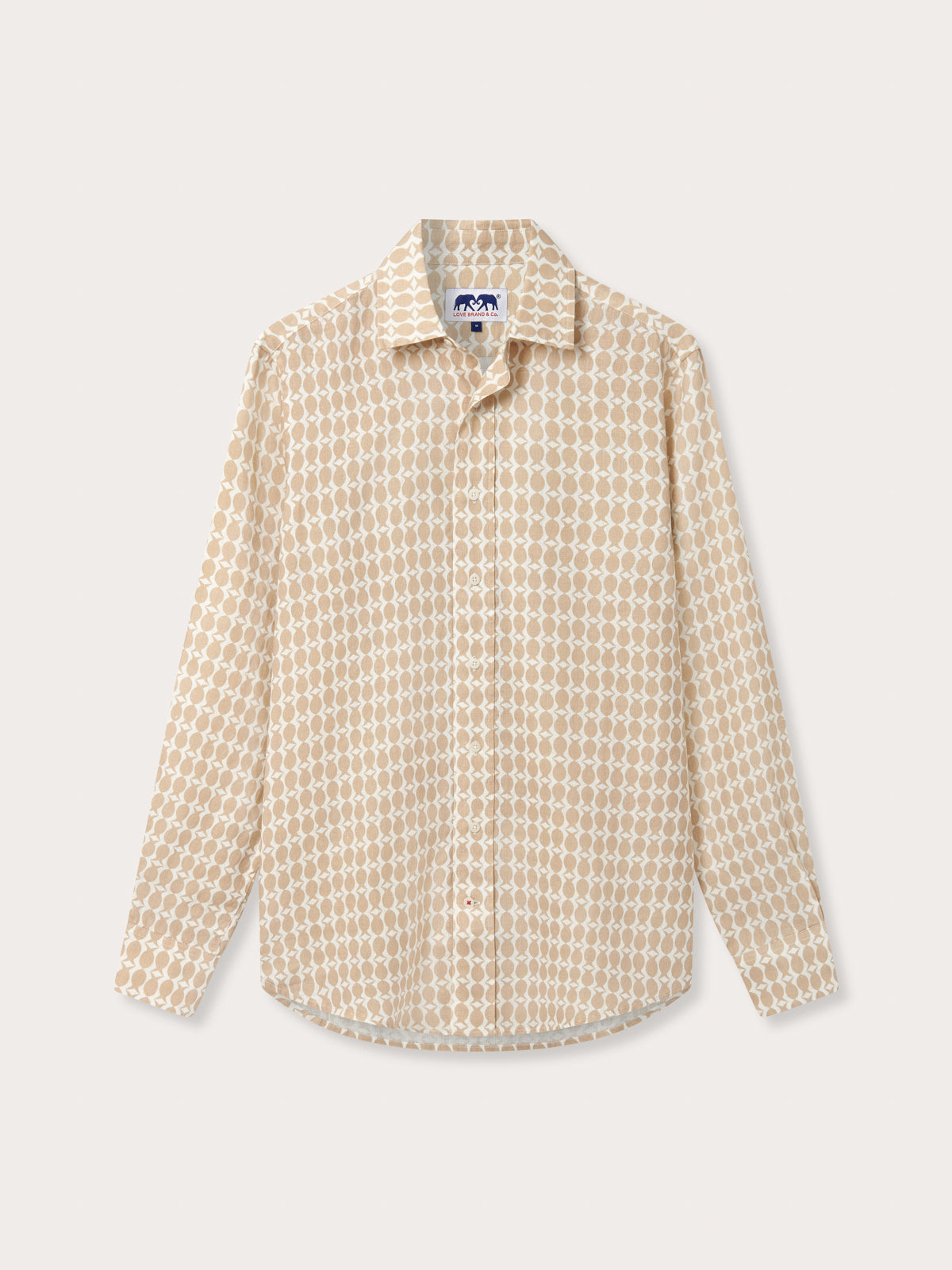 Front view of Men's Pina Colada Abaco Linen Shirt. Long sleeved linen men's shirt with beige and white pattern.