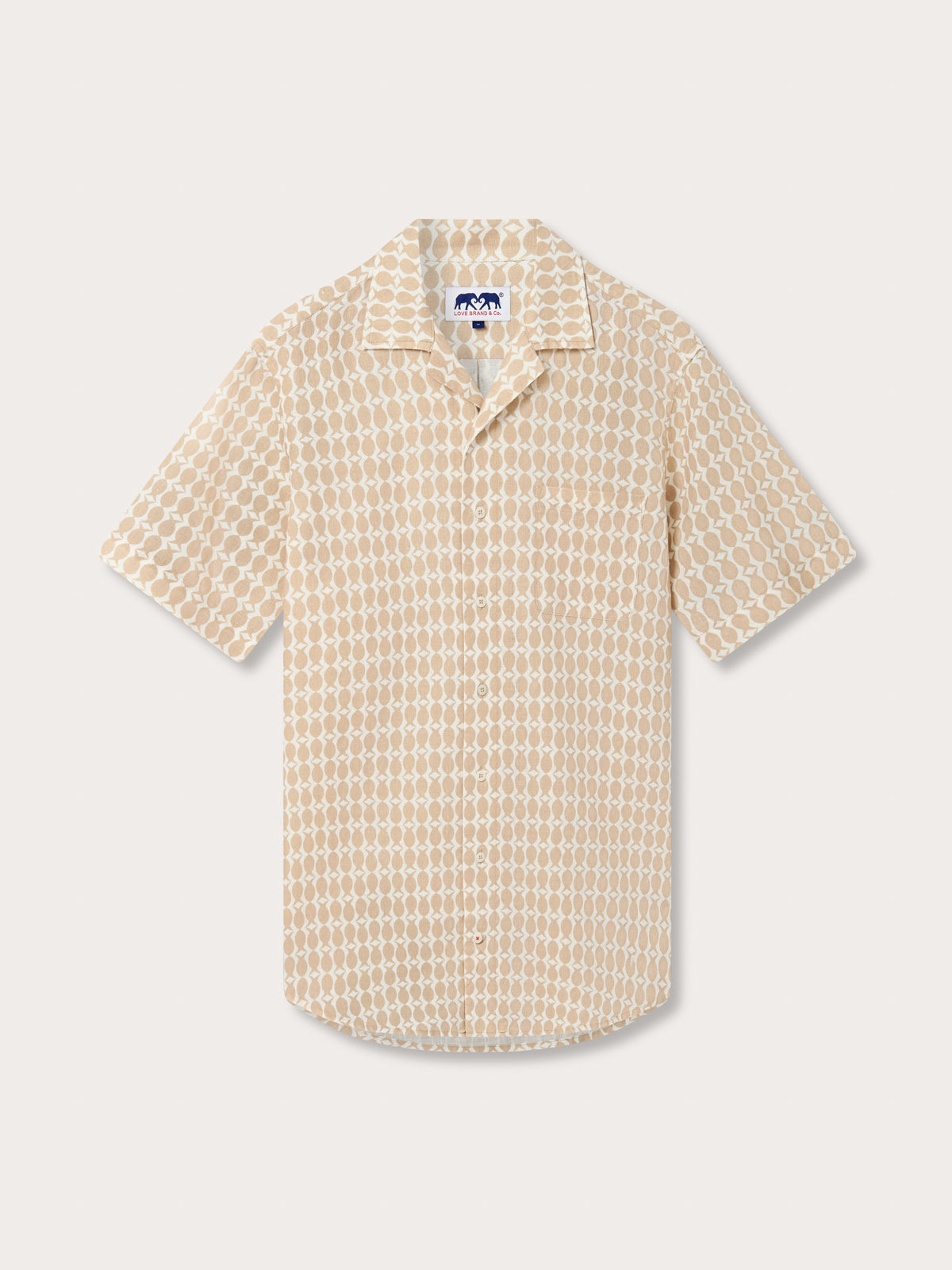 Front view of Men's Pina Colada Arawak Linen Shirt. Patterned shirt with playful cocktail-inspired pattern.