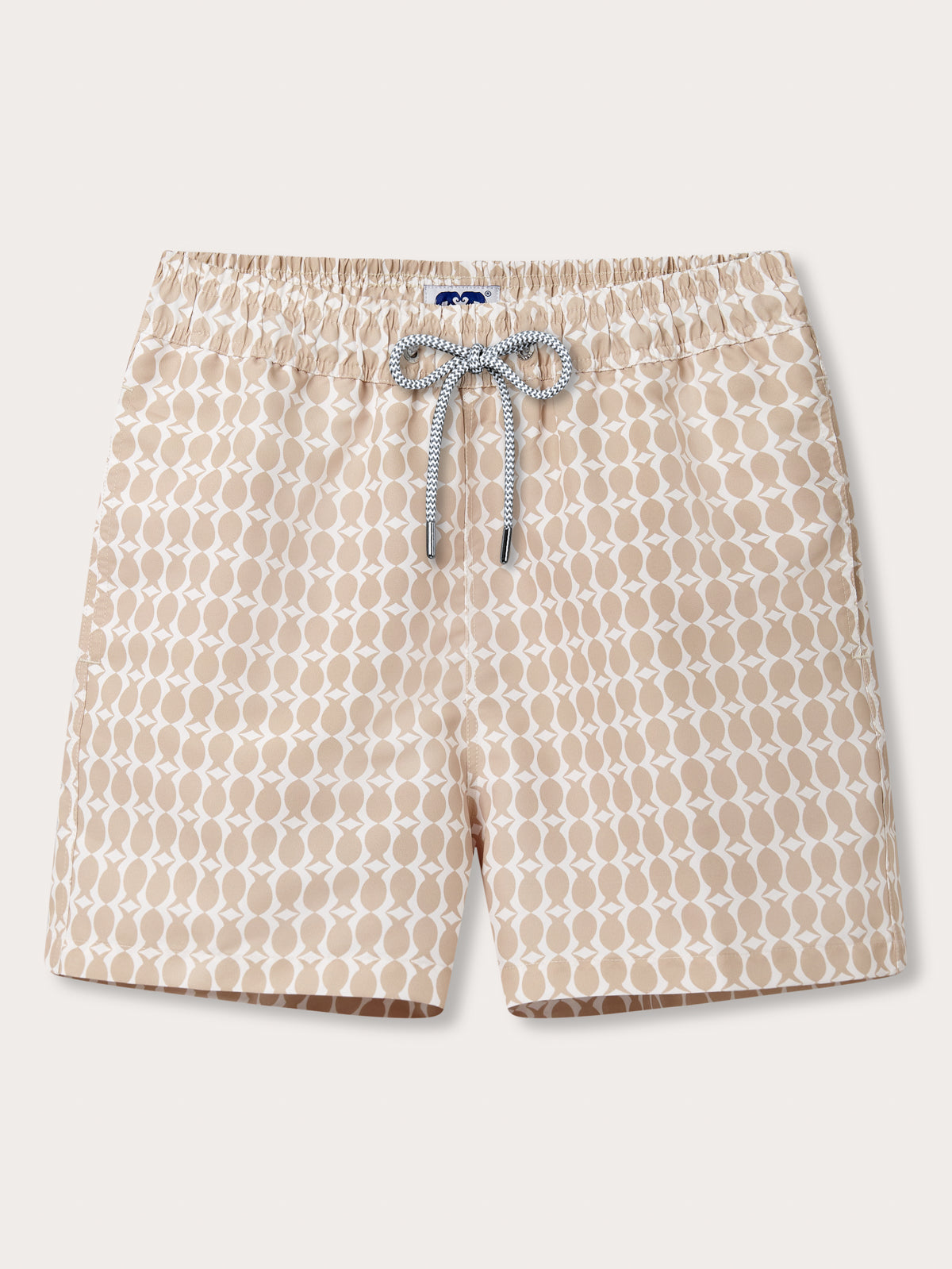 Luxury swim shorts by Love Brand in brown and white with drawstring waist and pockets.