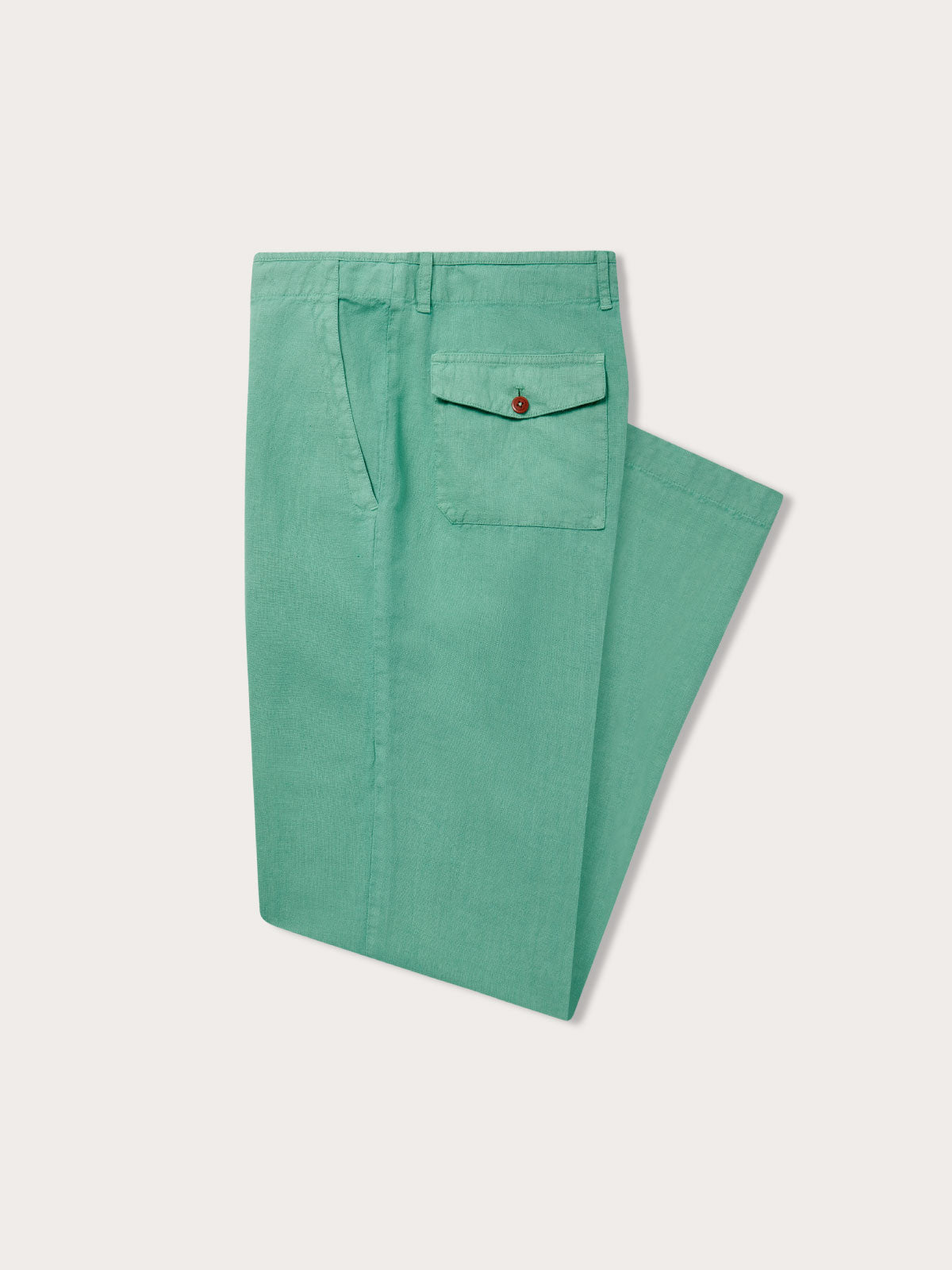 Men's Riviera Green Randall Linen Trousers folded neatly showcasing rear pocket and front. Green mens linen trousers ideal fro old money styling.
