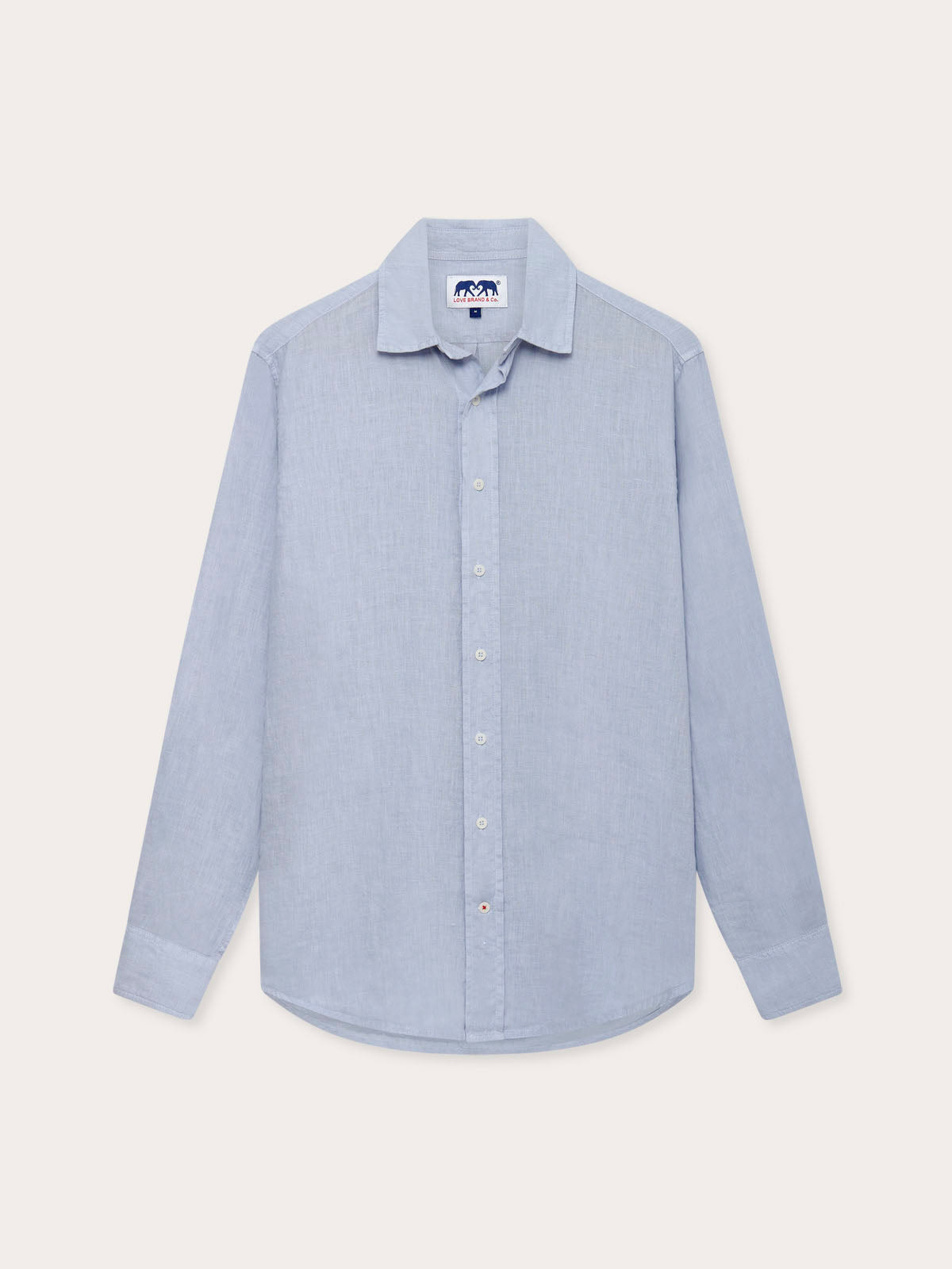 Men's sky blue linen shirt front view. Long-sleeved mens blue linen shirt with button-up front.