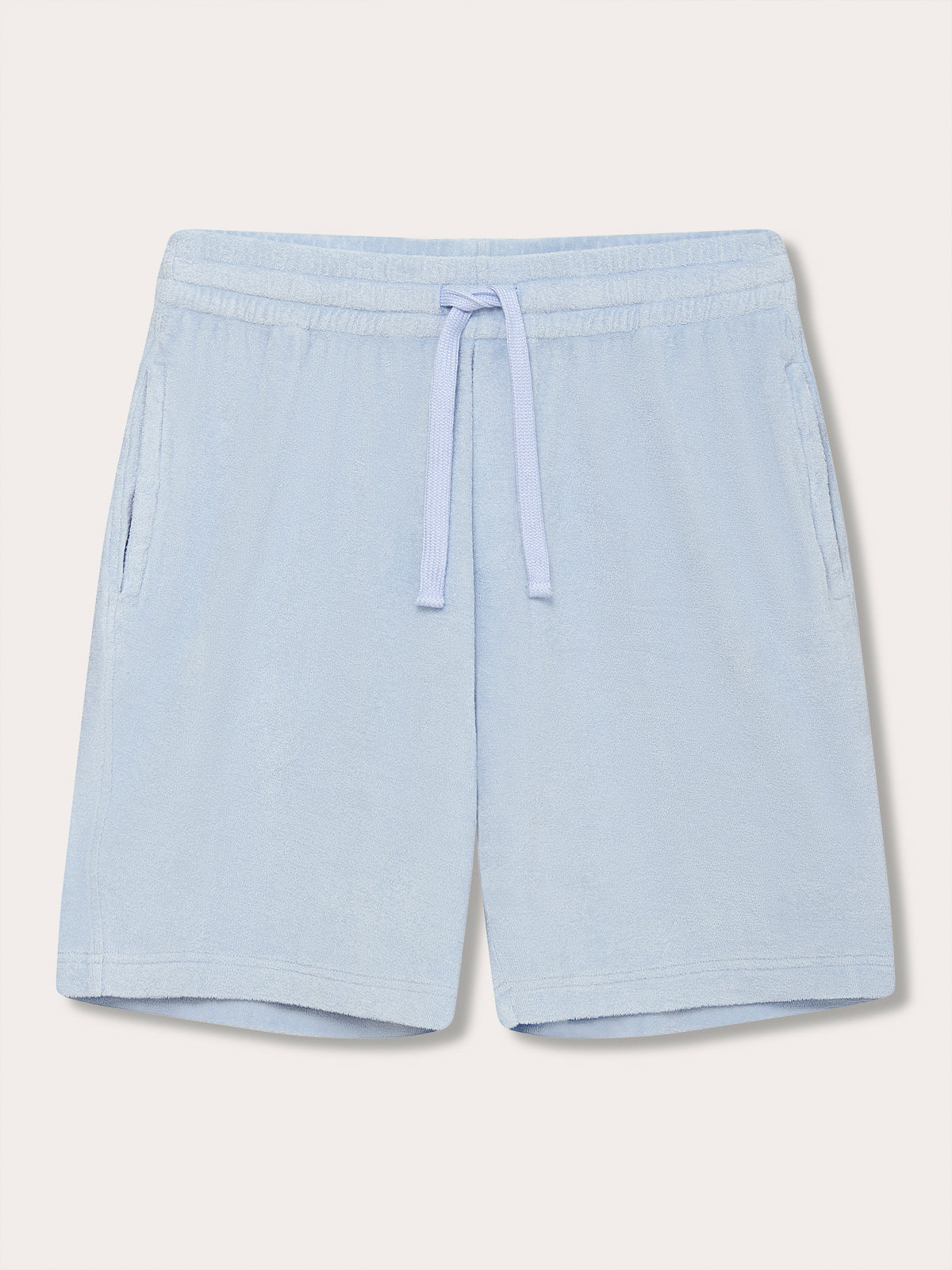 Front view of Men's Sky Blue Holmes Terry Shorts. Terry towelling shorts in blue with 2 pockets and a drawstring waist.