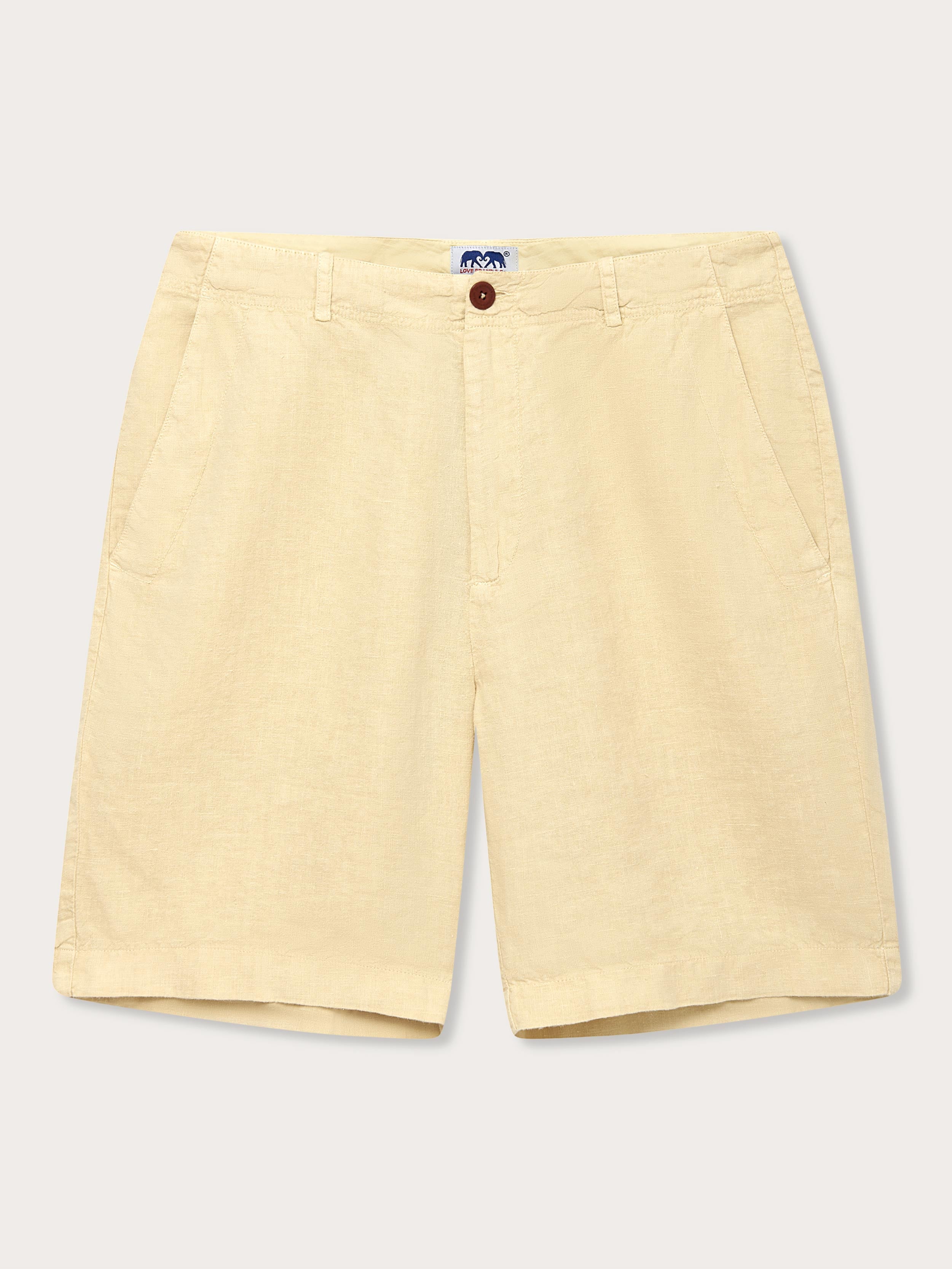 Men's Stone Burrow Linen Shorts in beige, front view, showcasing comfortable and breathable fabric suitable for warm temperatures.