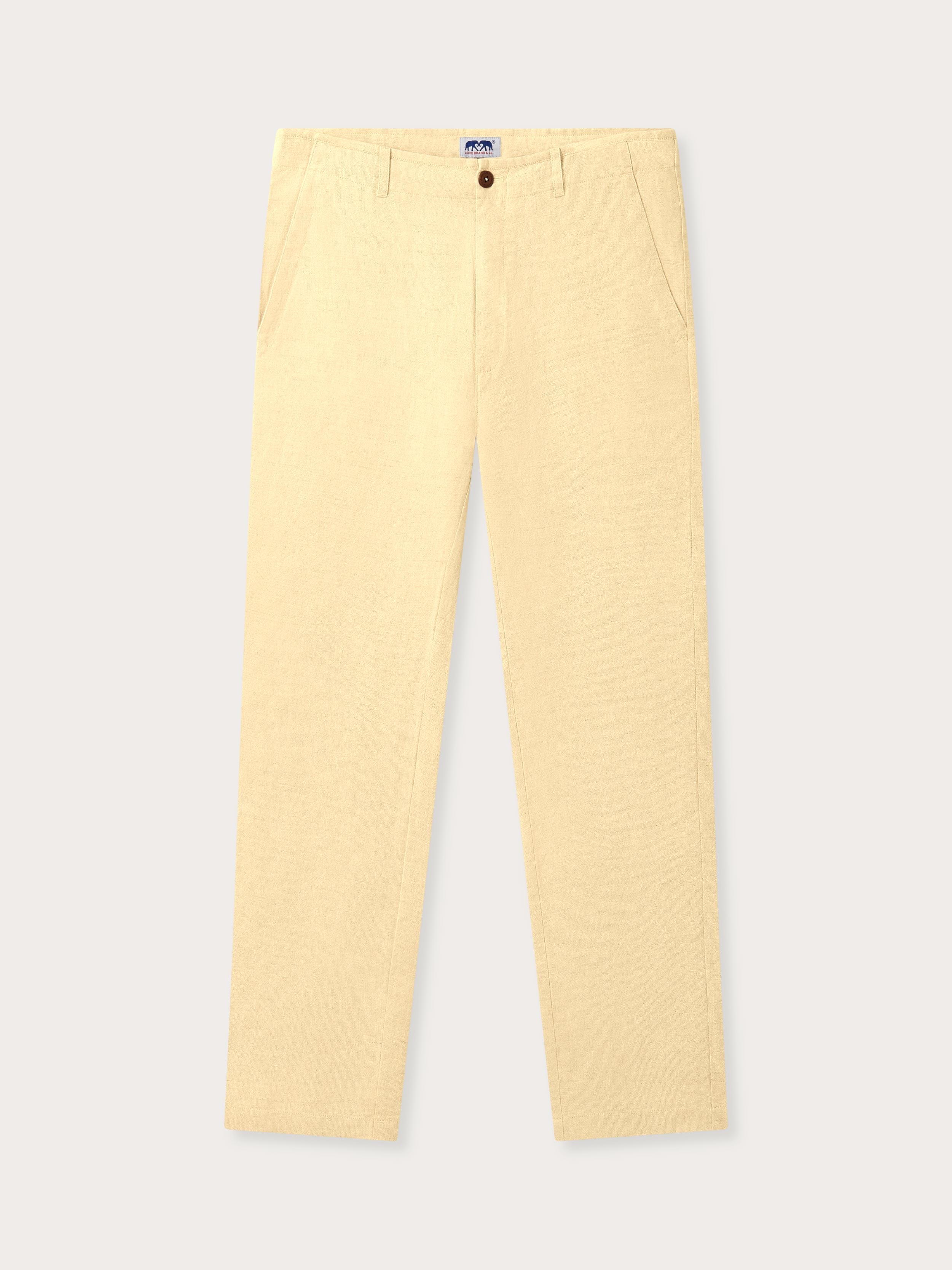Front view of love brand Men's Stone Randall Linen Trousers. Lightweight and breathable linen clothing for men in a natural stone colour.
