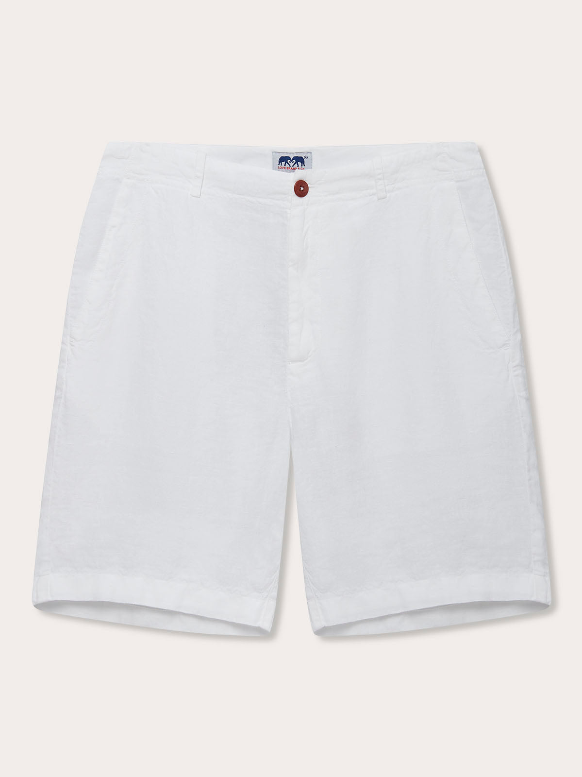Front view of Men's White Burrow Linen Shorts. Men's white linen shorts in a relaxed fit with pockets.