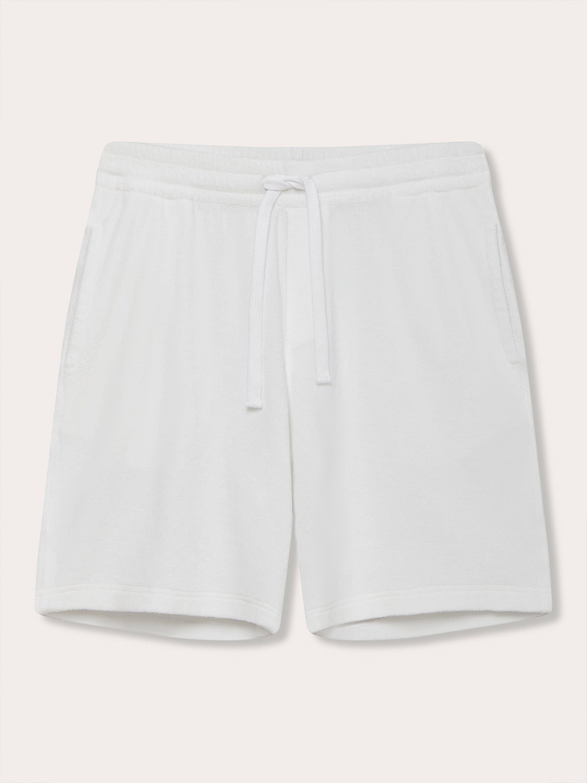 Front view of Men's White Holmes Terry Shorts. 100% cotton shorts made from terry towelling material.