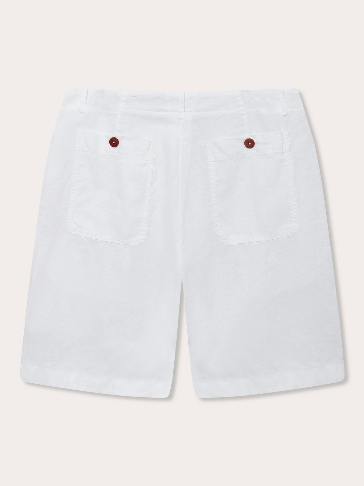 Back view of Men's White Burrow Linen Shorts showing 2 back pockets. Mens linen white shorts perfect for summer.