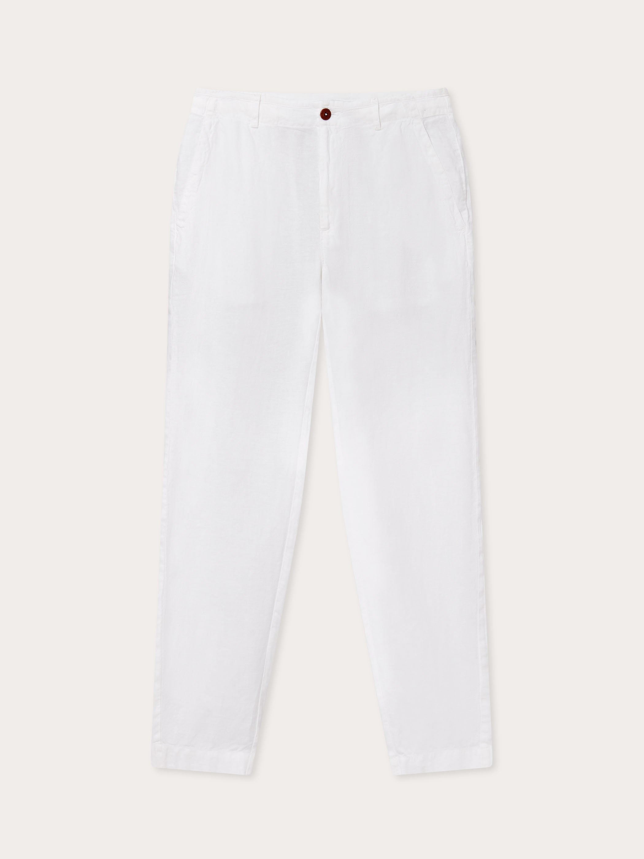 front view of love brand Men's White Randall Linen Trousers. mens white linen trousers feature 2 front pockets, perfect for old money styling.