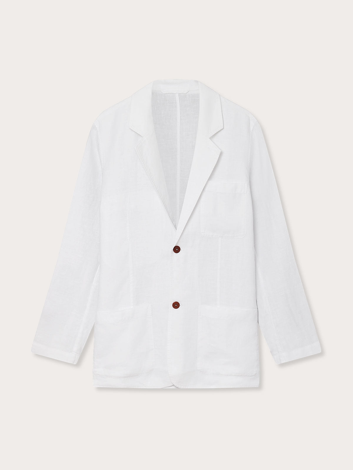 Front voew of Nassau white mens Linen Jacket with two brown buttons and 3 front pockets.