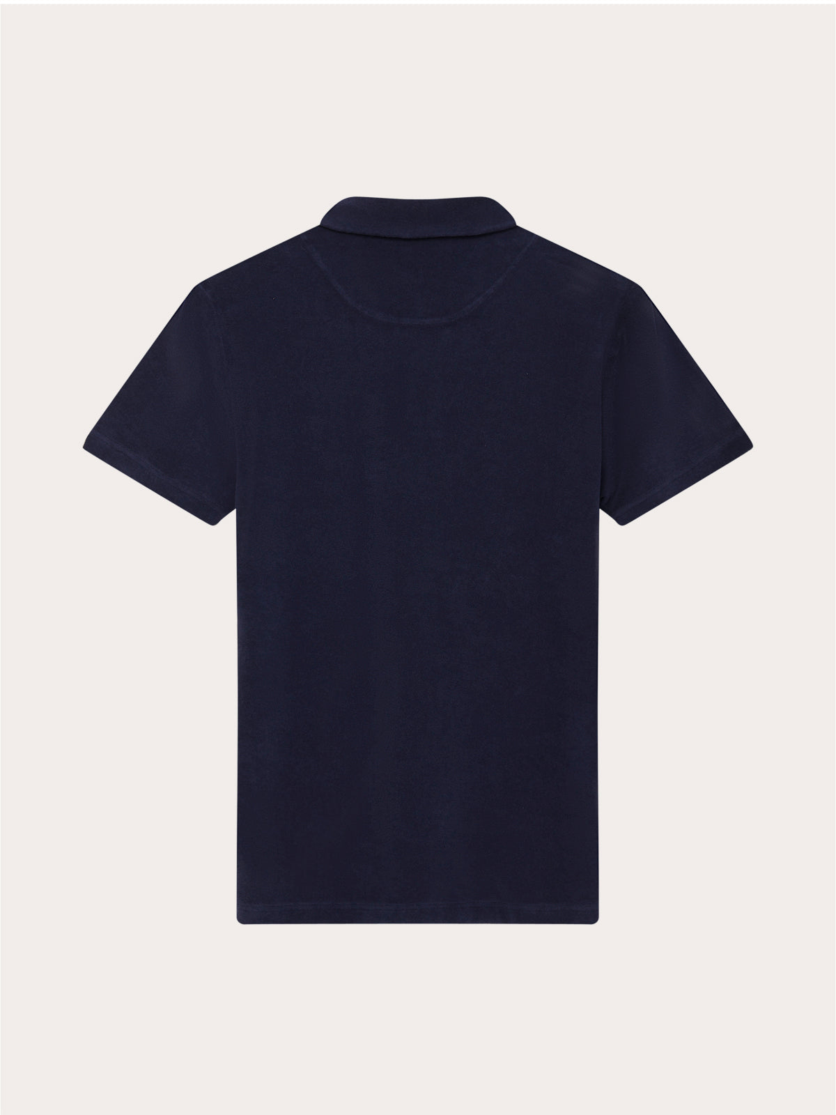 Men's Navy Blue terry towelling polo shirt back view. Short sleeved terry polo.