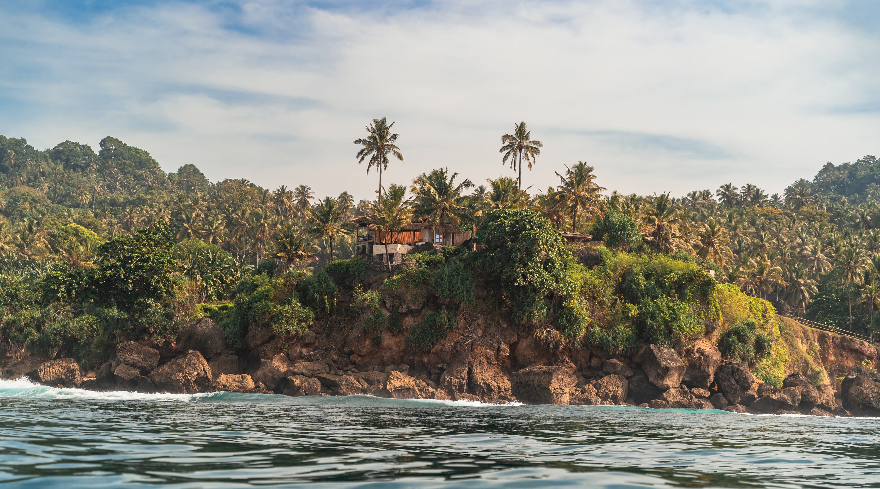 Lush green island with a house and palm trees surrounded by water