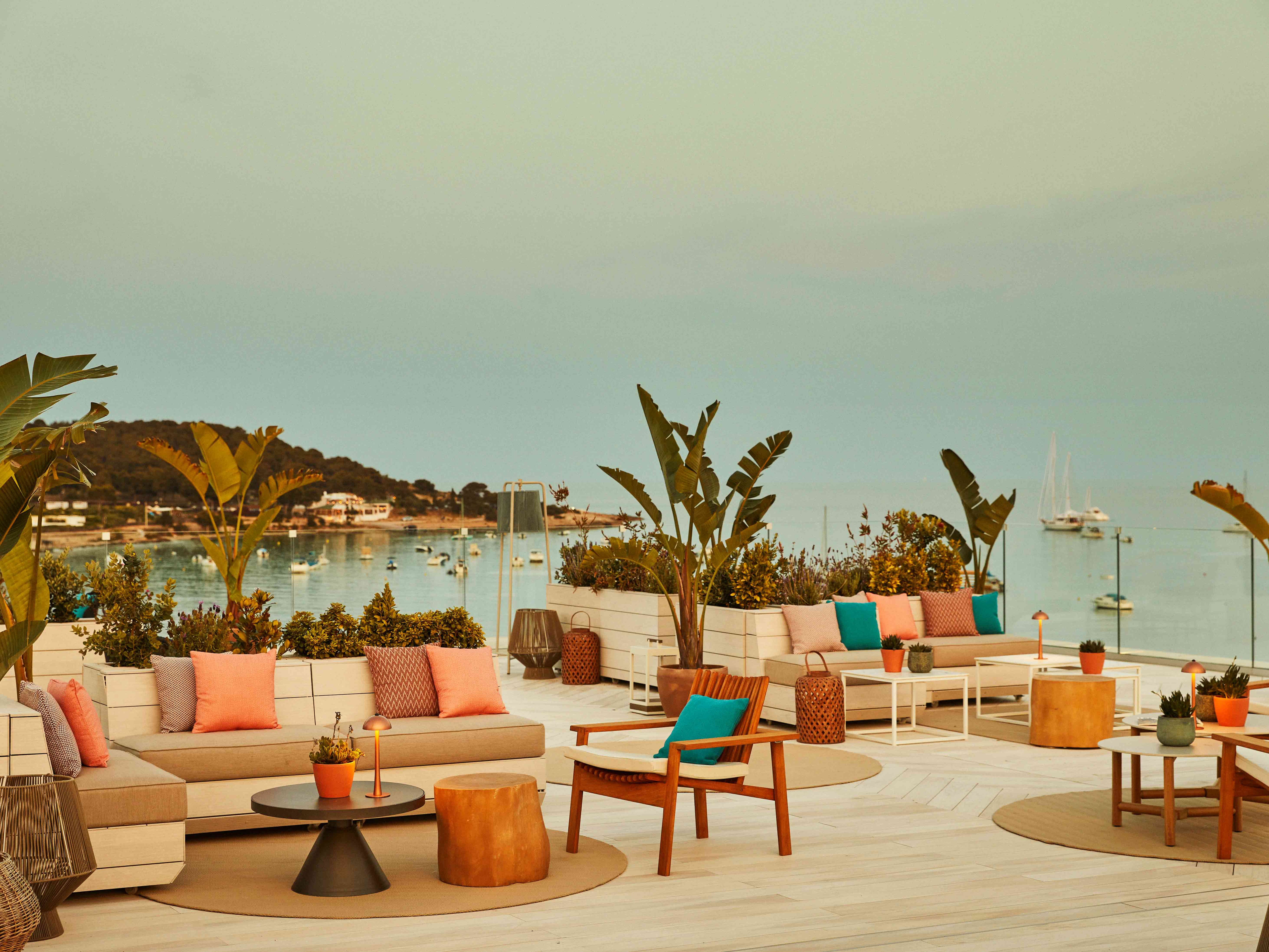Balcony area of Nobu Hotel Ibiza Bay overlooking the water