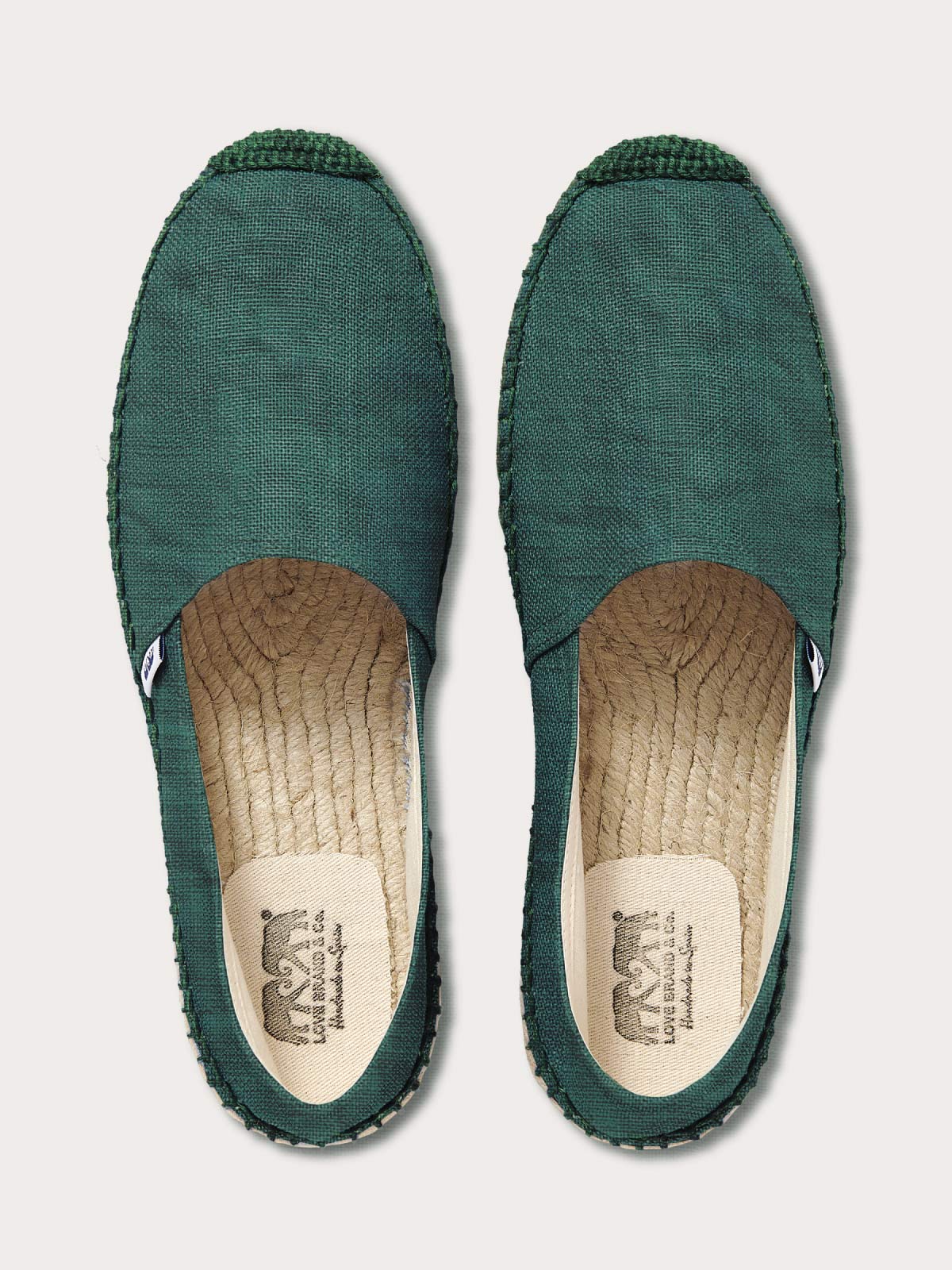 Men's espadrilles in palm green top down view. Sustainable footwear by Love Brand.